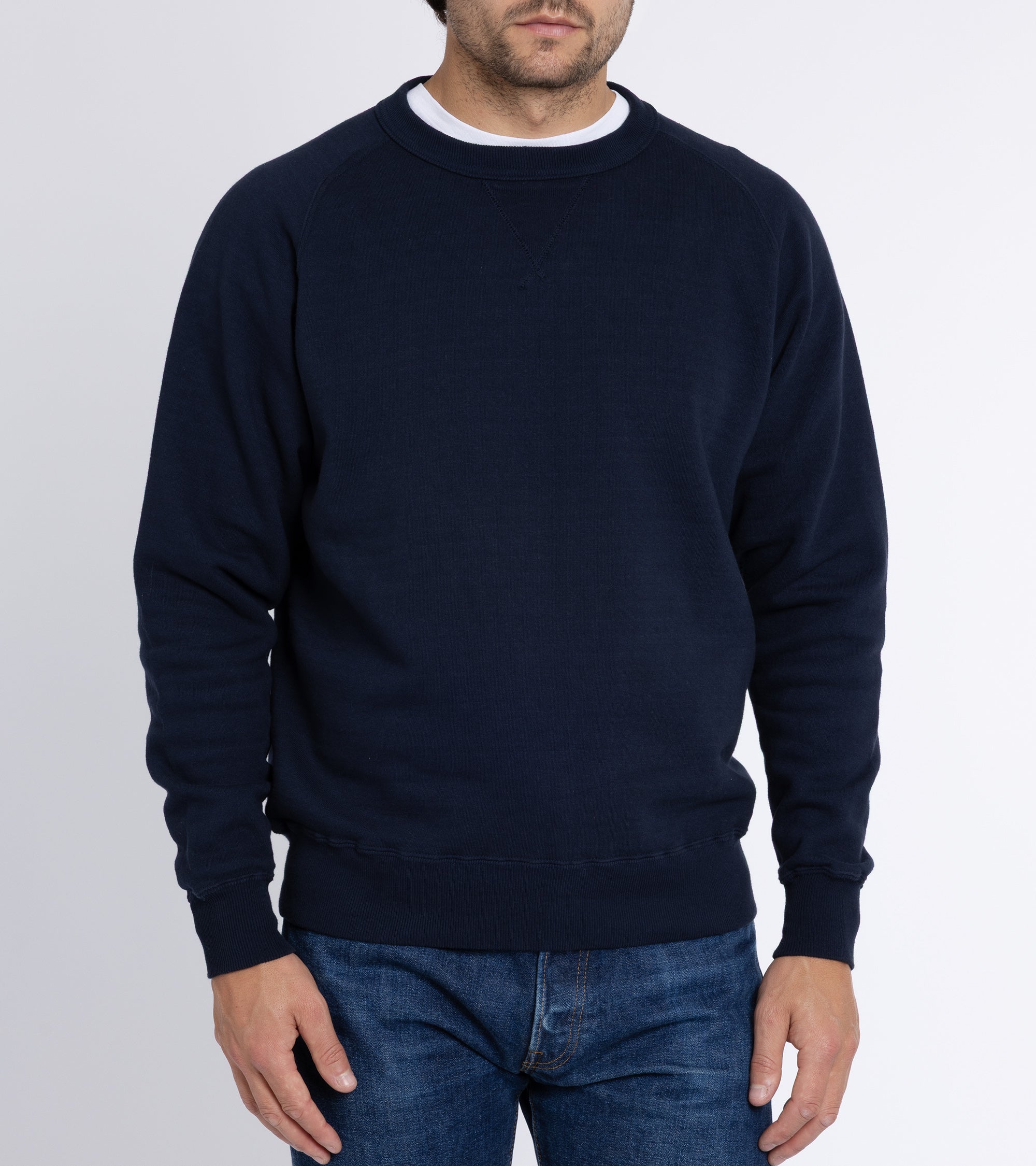 Sunray Sportswear Puamana raglan cotton sweatshirt in dark navy, styled shot.
