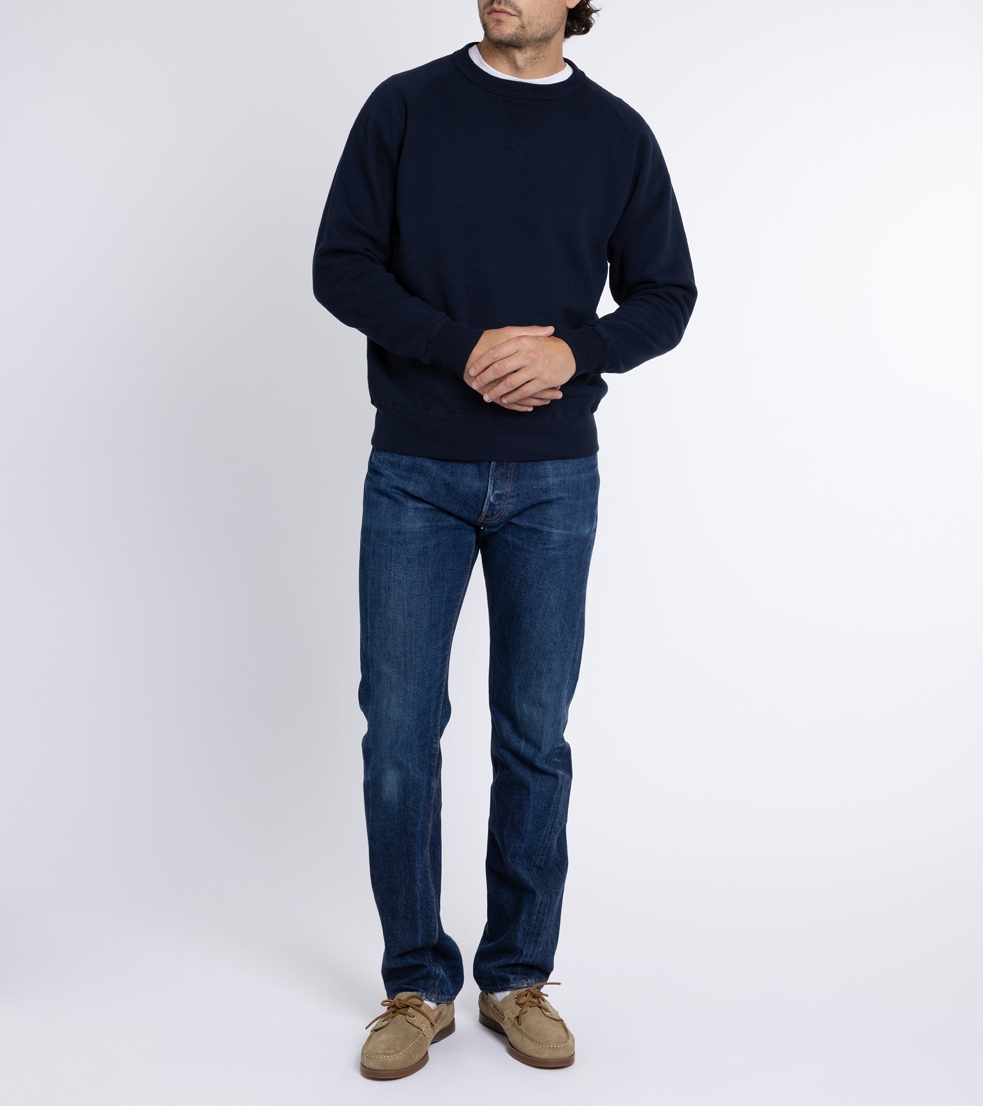 Sunray Sportswear Puamana raglan cotton sweatshirt in dark navy, styled shot.