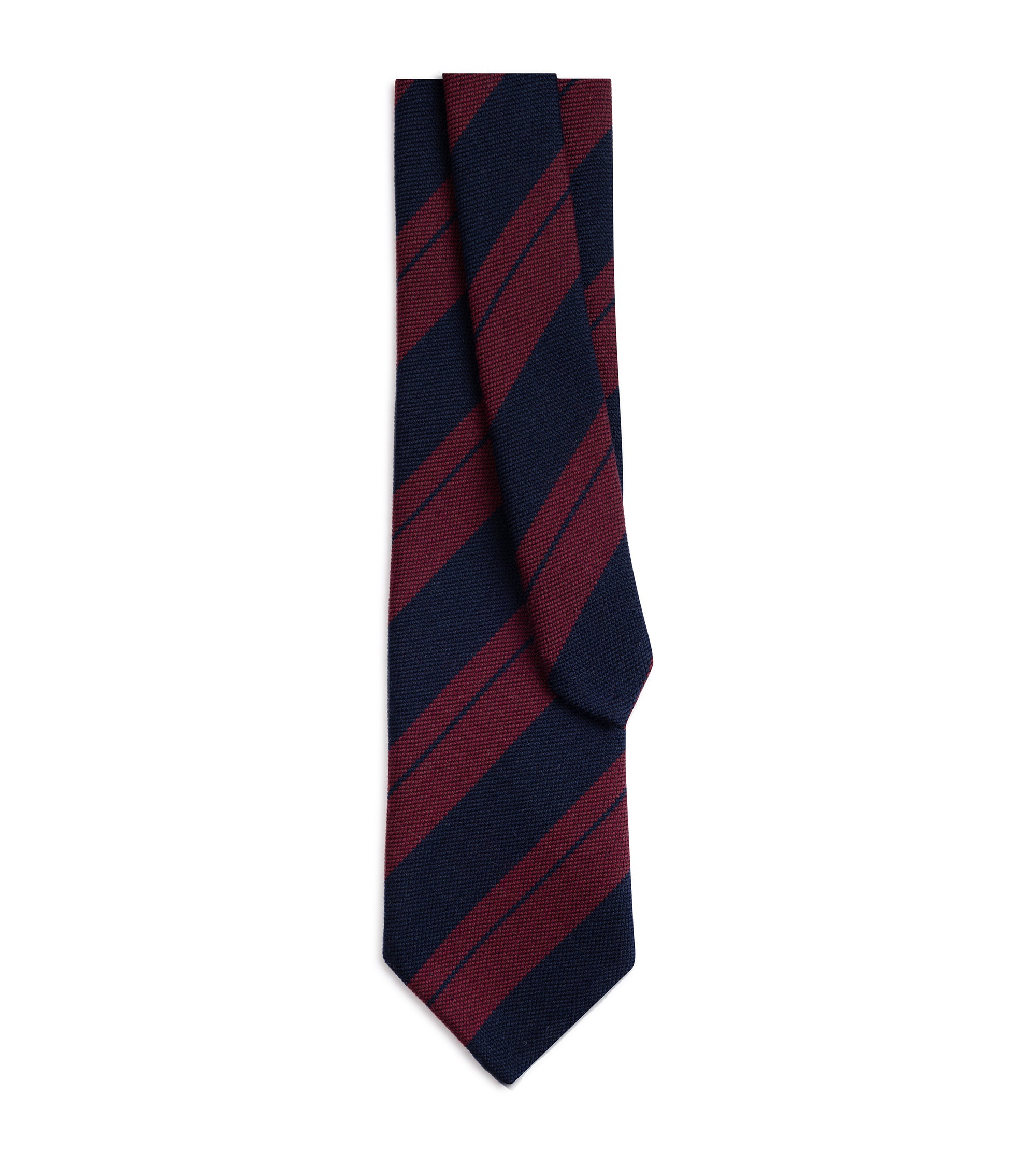 A classic necktie with diagonal stripes in navy blue and burgundy red, folded neatly on a solid white background.