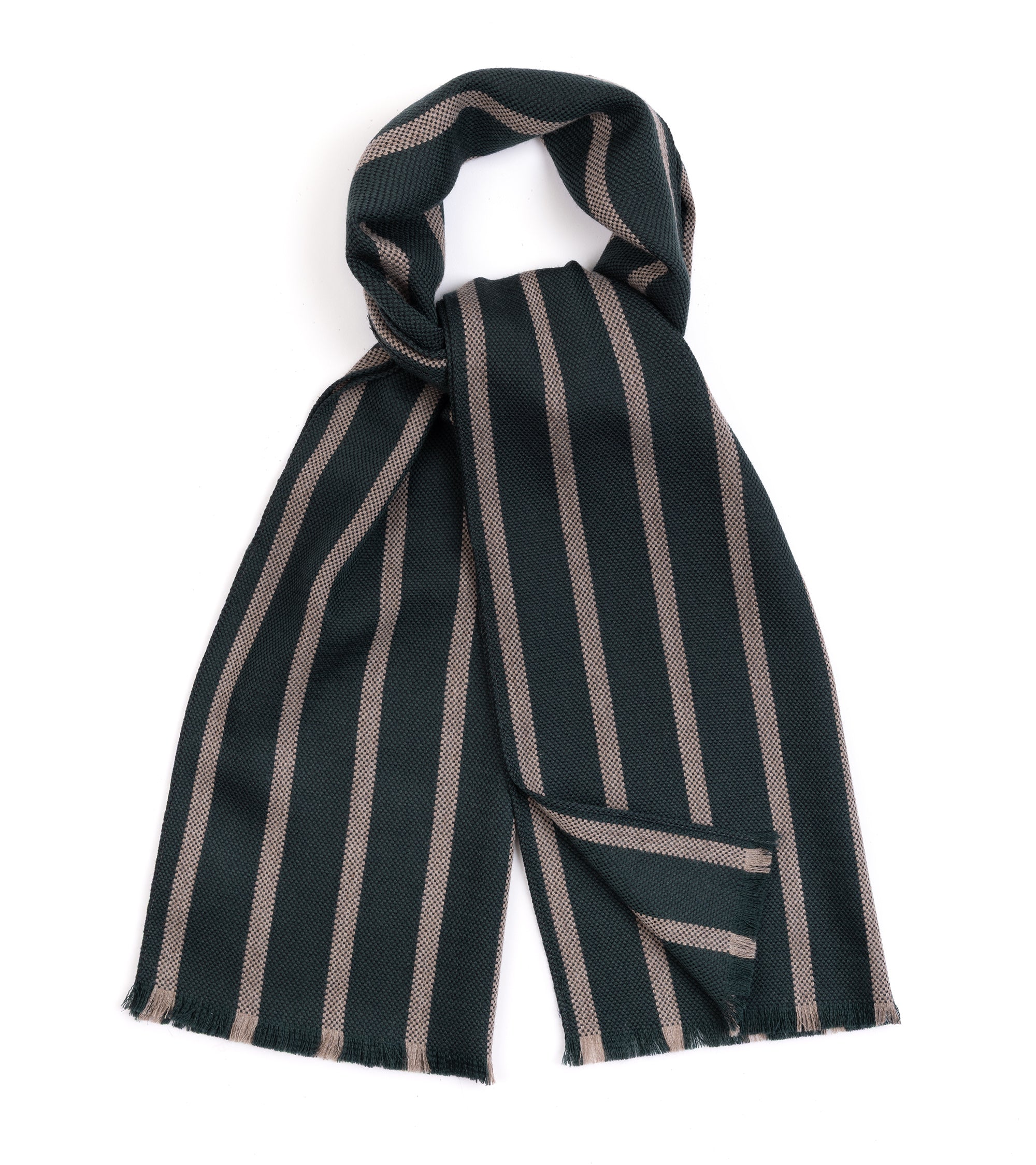 A dark green scarf with vertical beige stripes, styled in a loop at the top with frayed edges, shown on a plain white background.