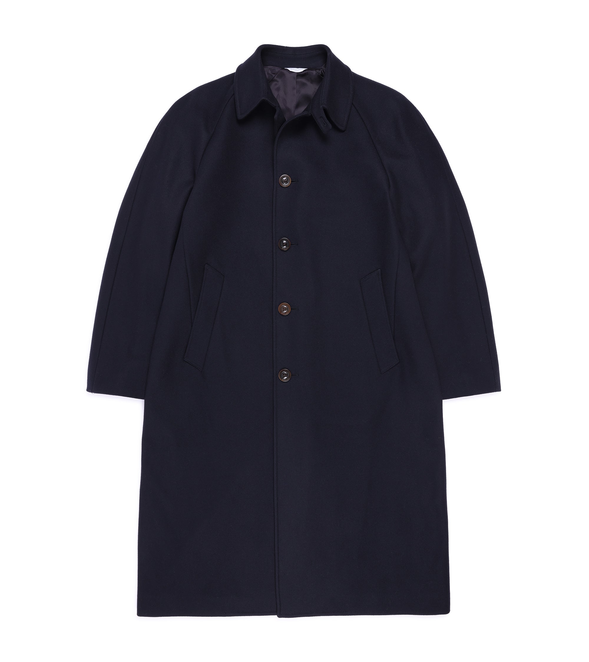 Navy blue overcoat with button details on a white background