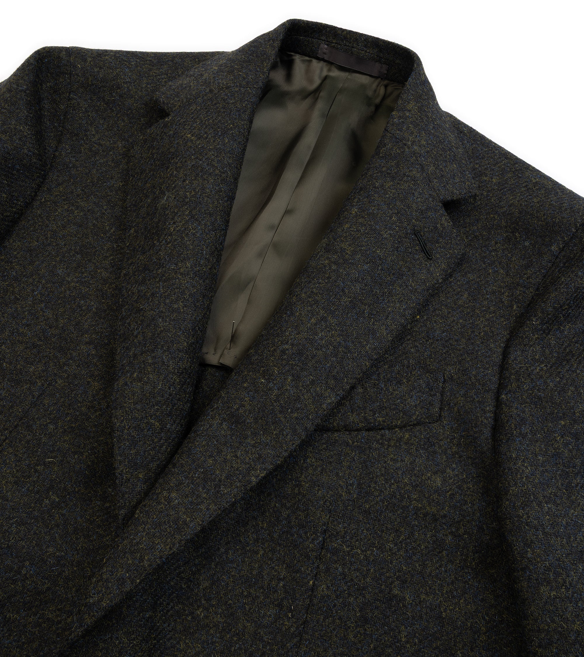 Caruso Aida jacket in green English Shetland wool, close-up of the lapel. Fabric detail of the English Shetland wool.