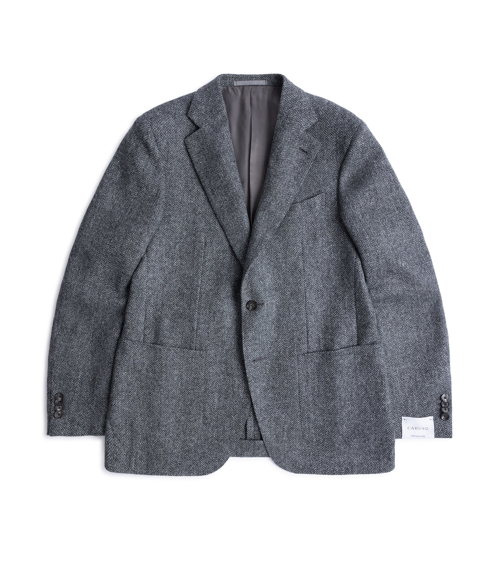 Caruso Aida jacket in grey Shetland wool herringbone, front view.