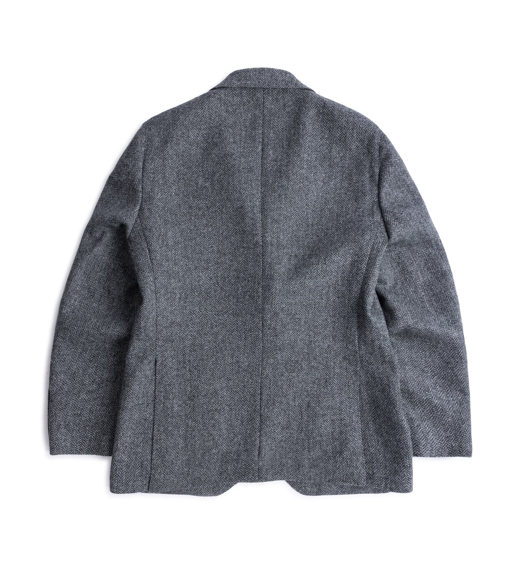 Caruso Aida jacket in grey Shetland wool herringbone, back view.