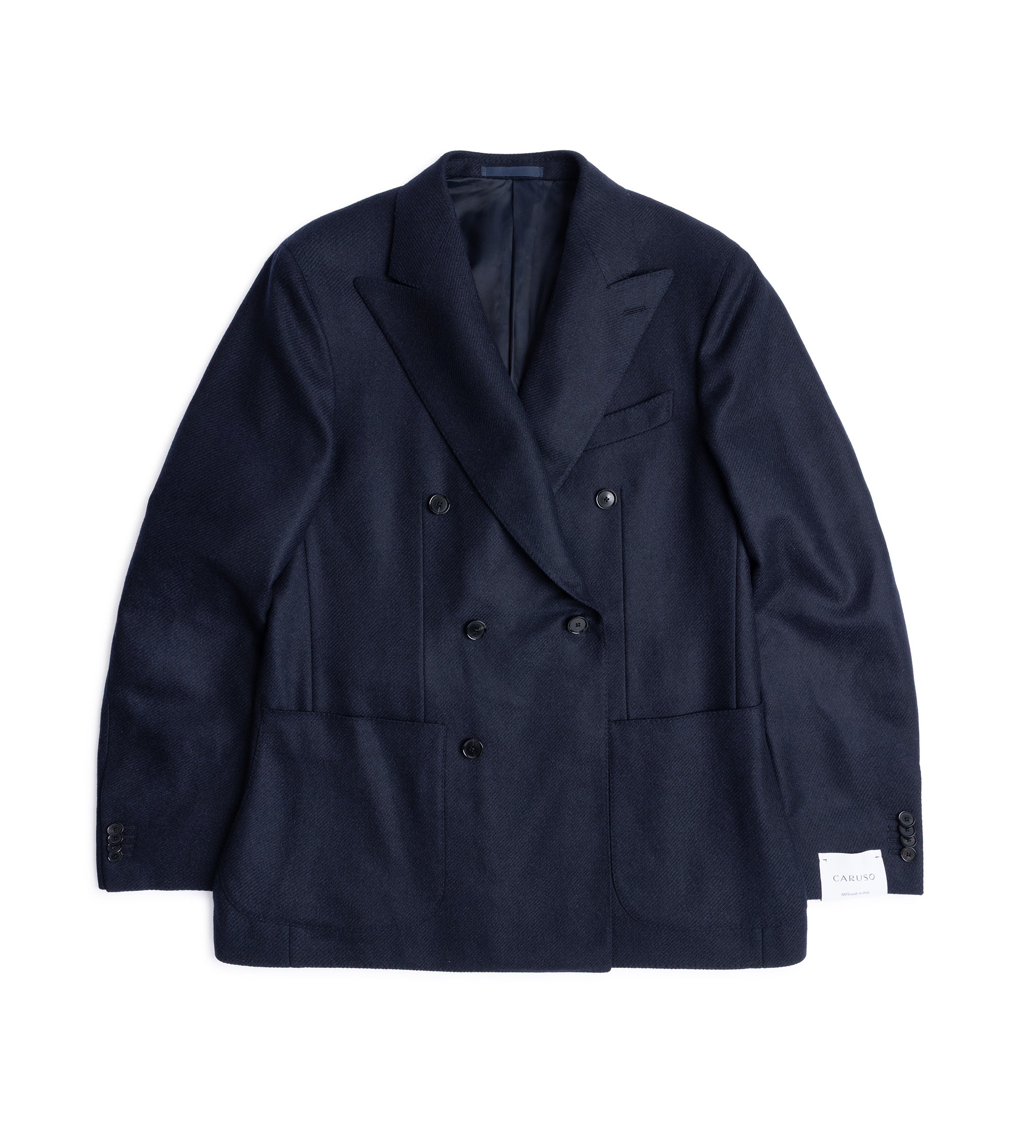 Caruso Aida double breasted jacket in navy wool cashmere twill, front view.