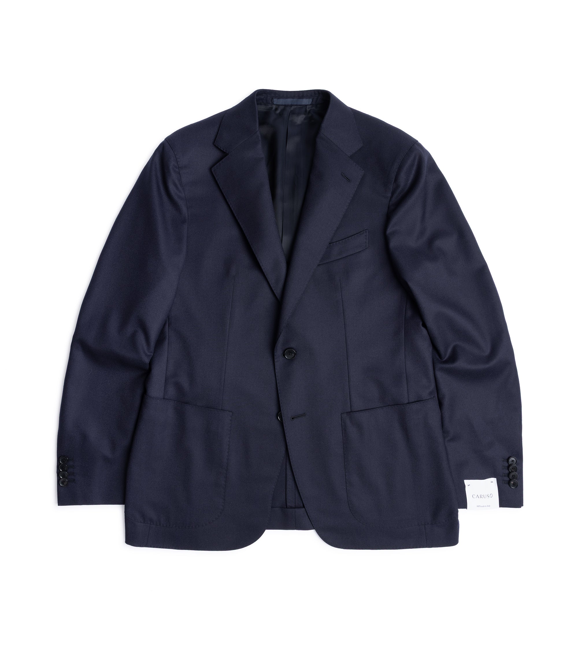 Caruso superlight wool flannel suit jacket in navy, front view.