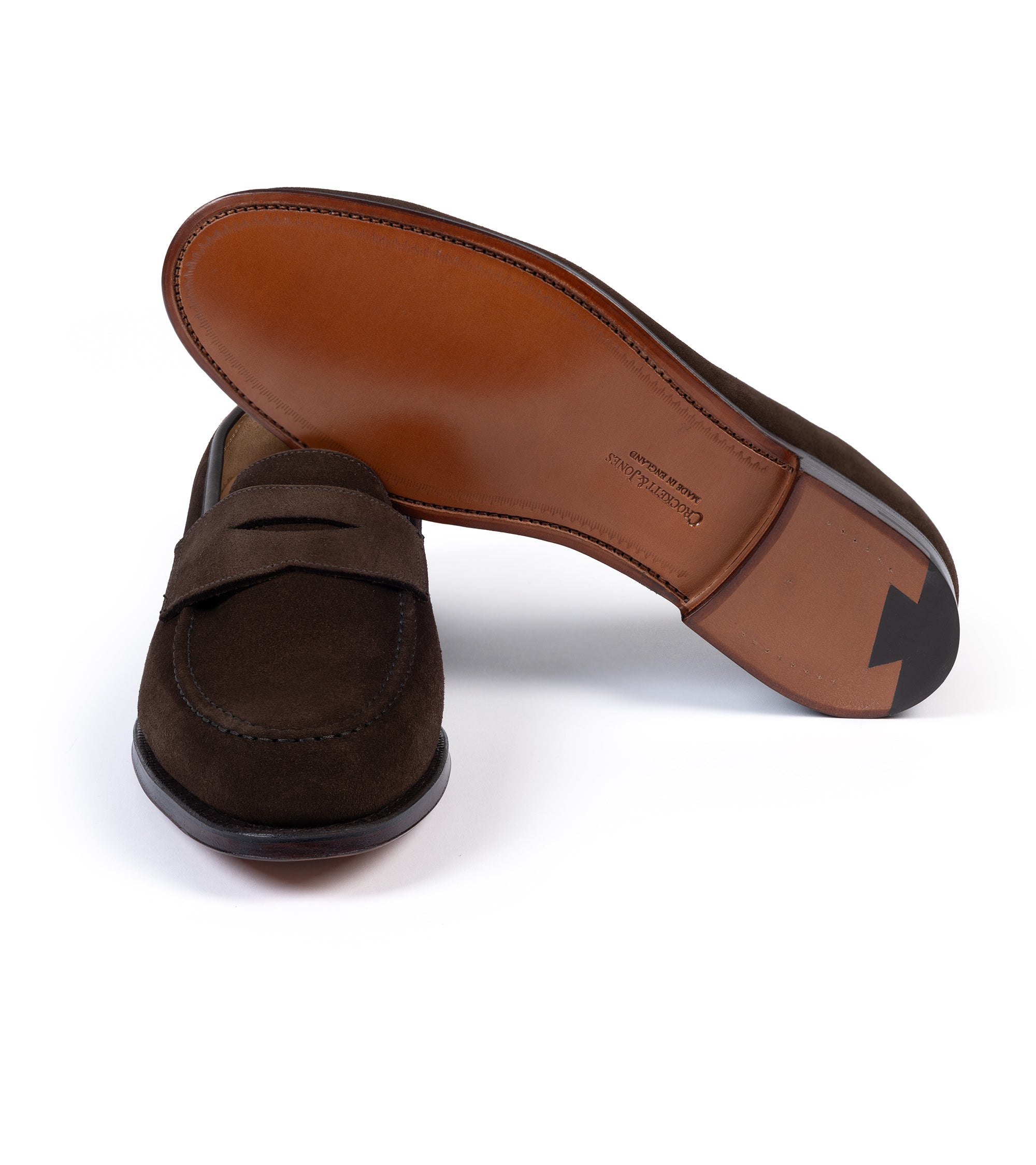 Crockett & Jones Boston loafer in dark brown suede, front view.