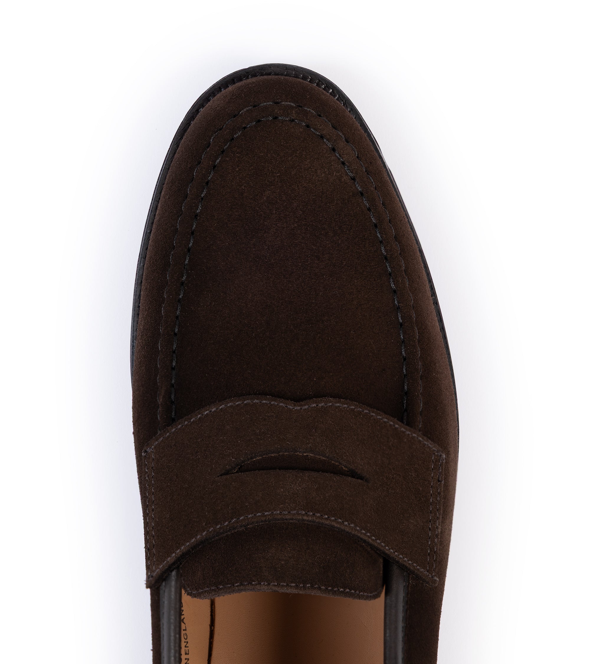 Crockett & Jones Boston loafer in dark brown suede, sole detail.