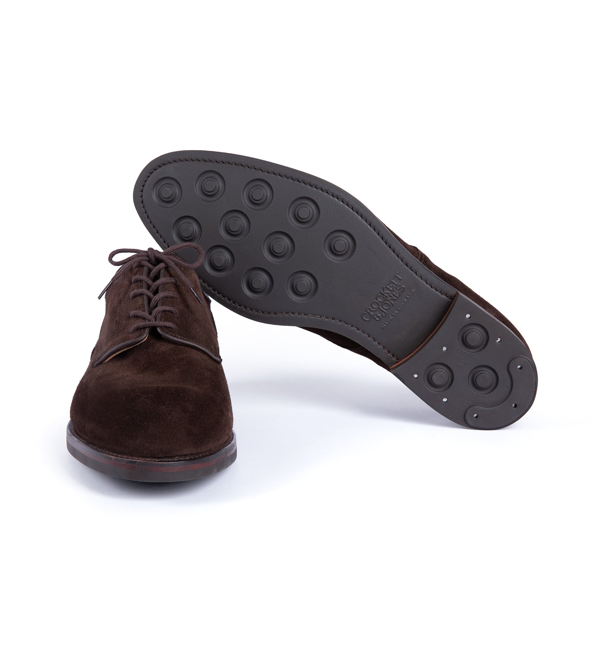 Crockett & Jones for Trunk Cornell II Derby shoe in brown suede, front view.