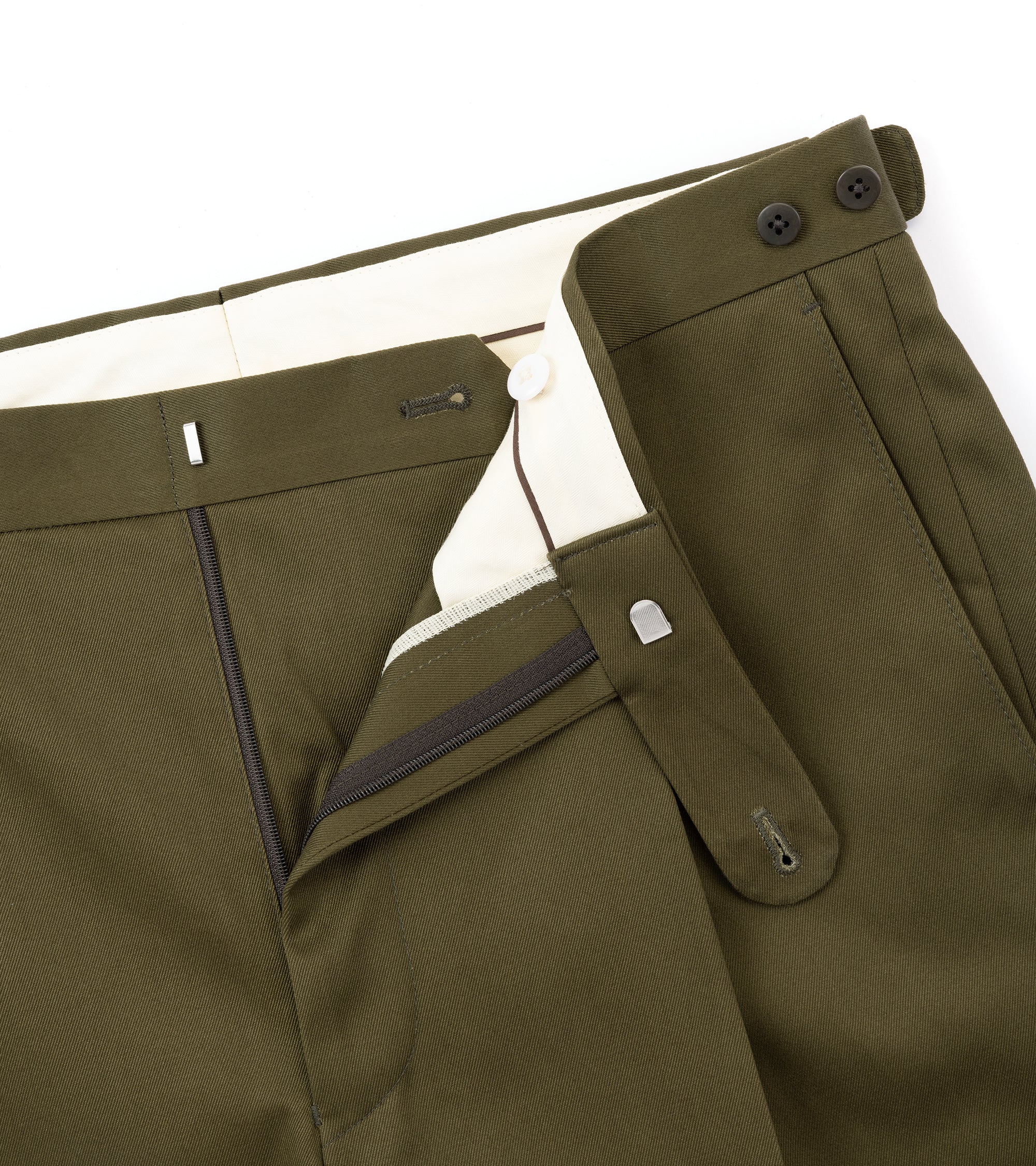 Echizenya for Trunk heavy chino trousers in olive, back view.