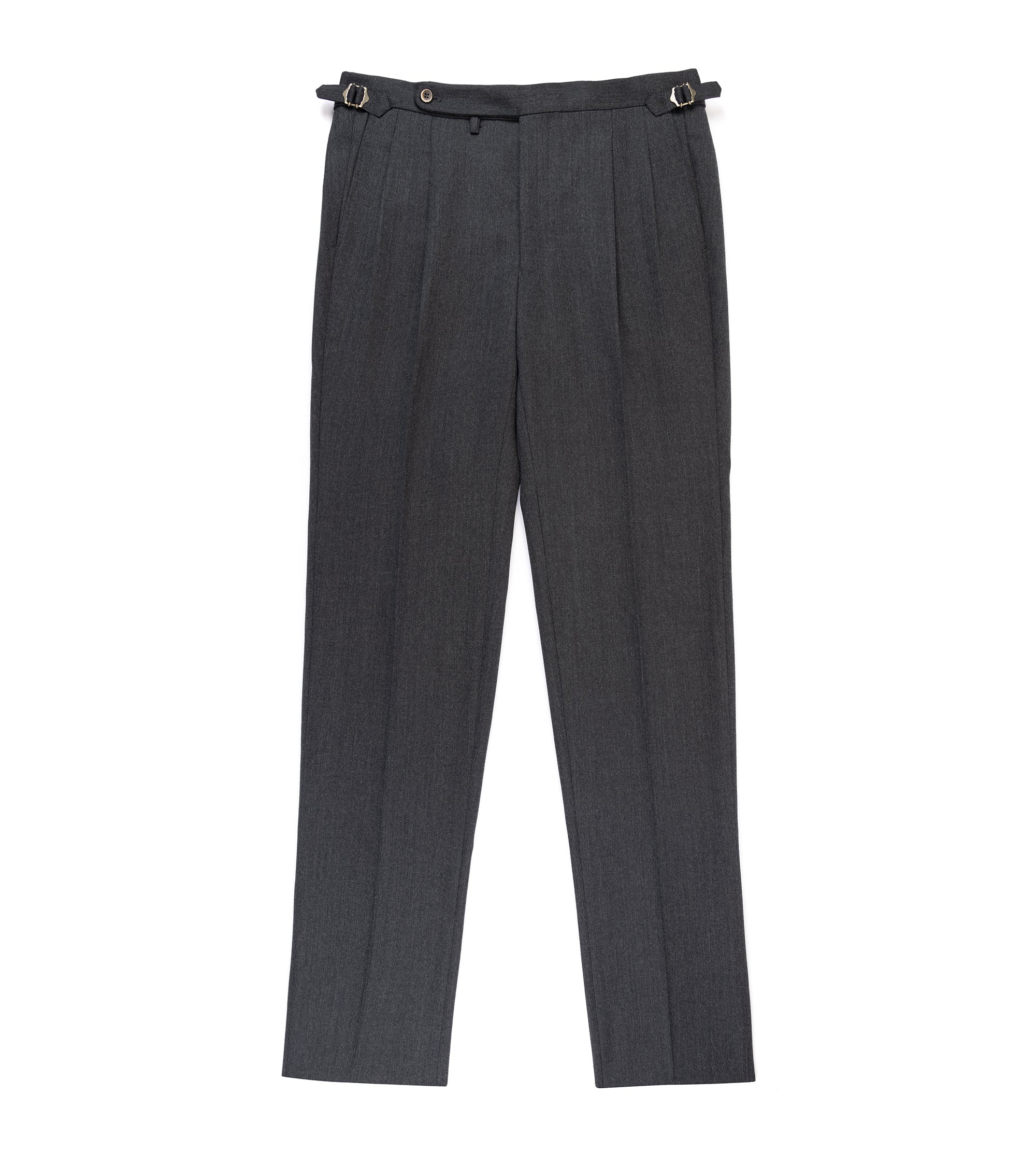 Echizenya for Trunk wool serge pleated trousers in charcoal, front view.