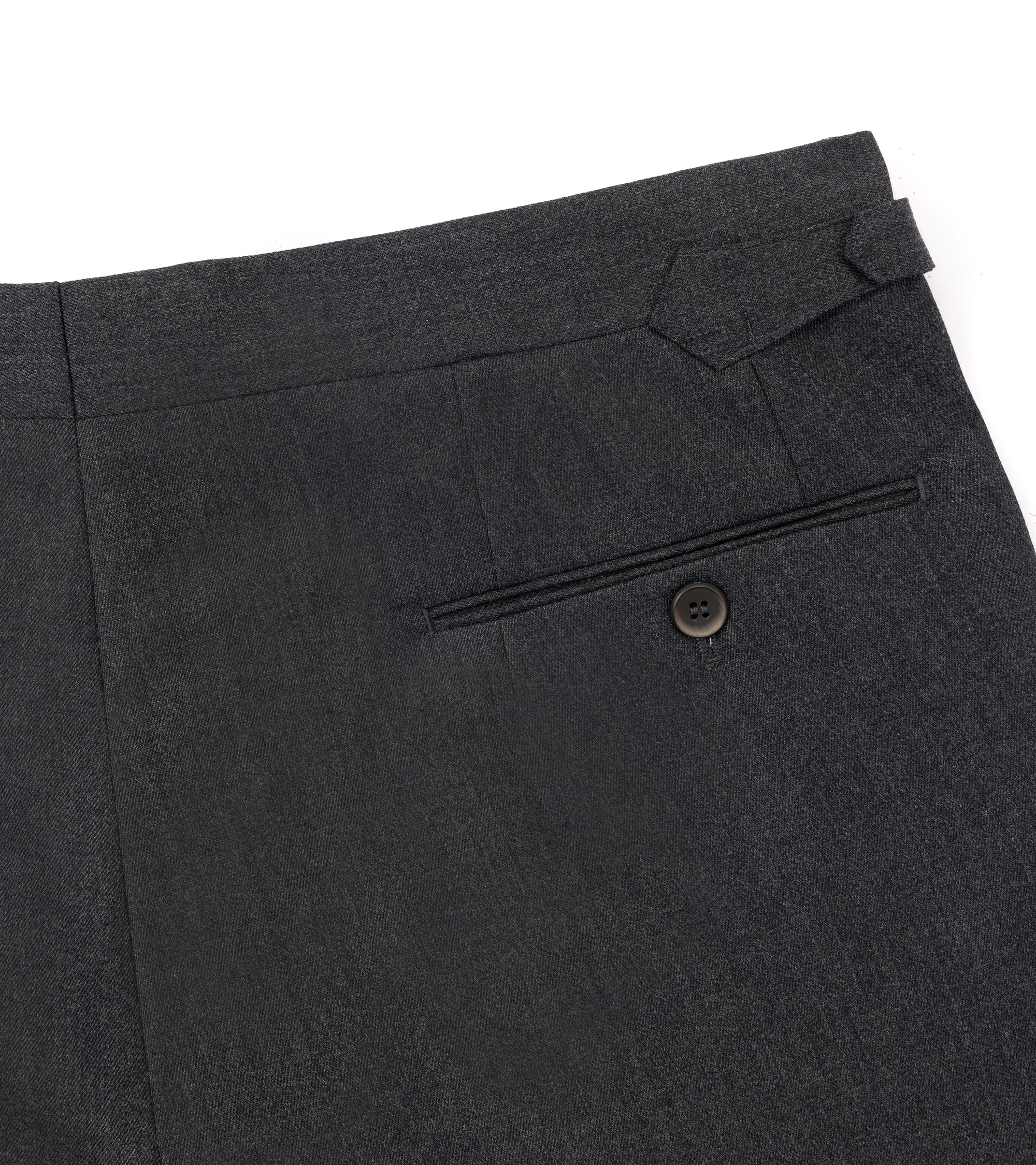 Echizenya for Trunk wool serge pleated trousers in charcoal, fabric detail.