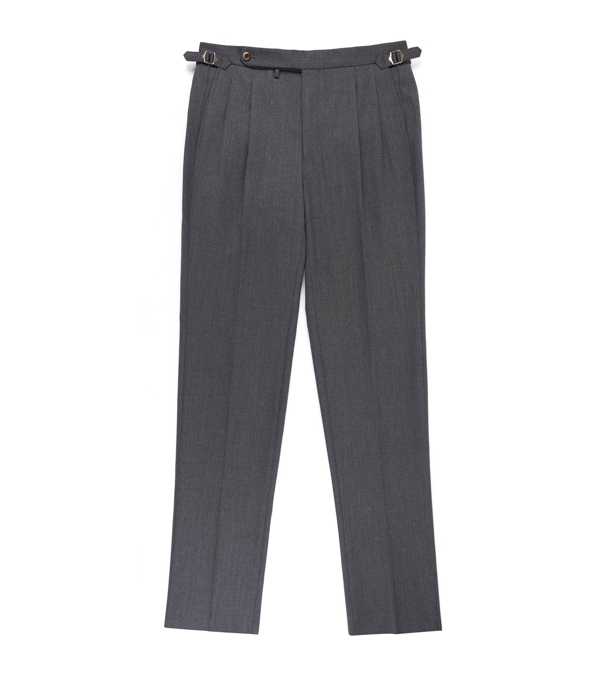 Echizenya for Trunk wool serge pleated trousers in grey, front view.