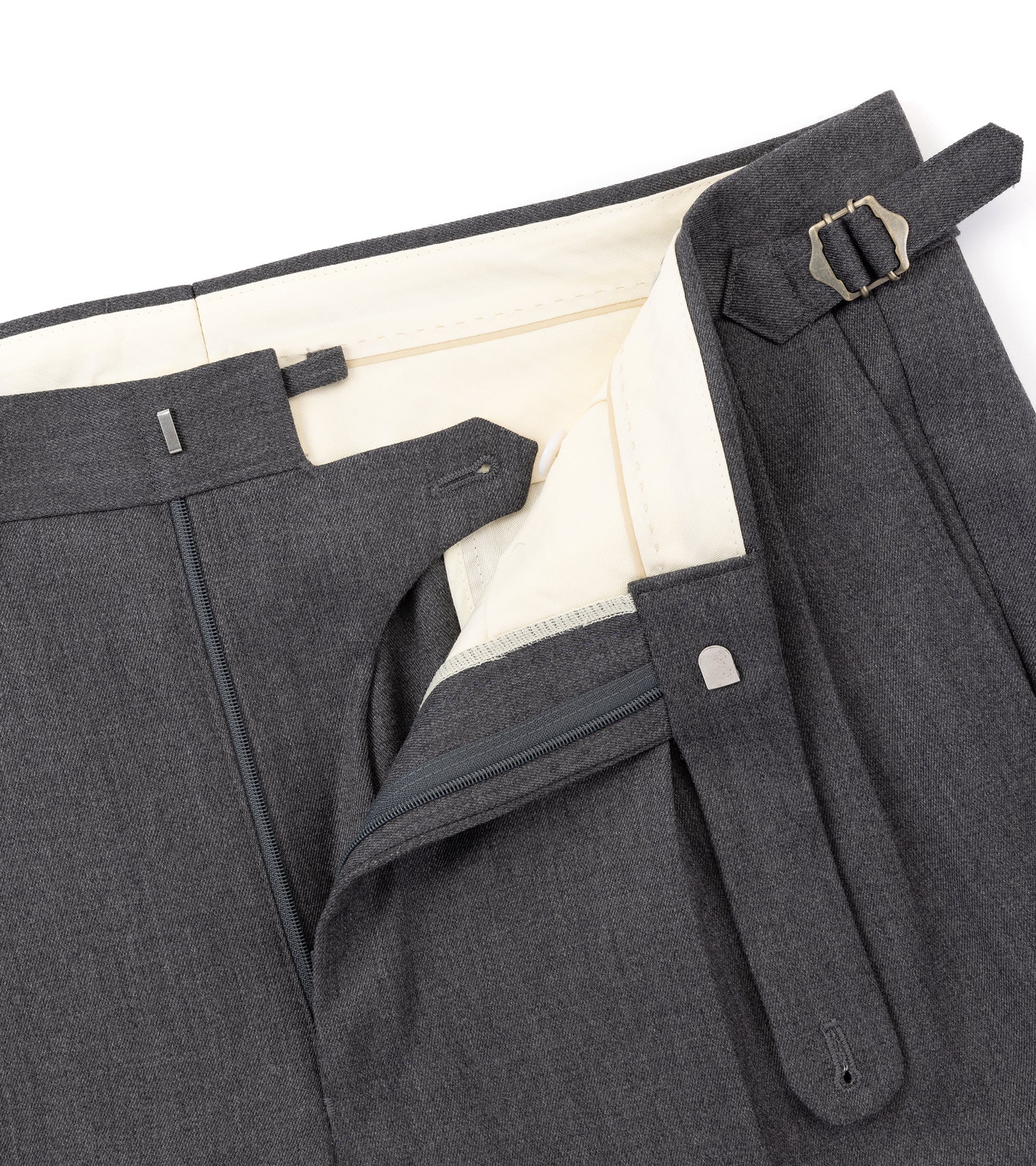 Echizenya for Trunk wool serge pleated trousers in grey, back view.