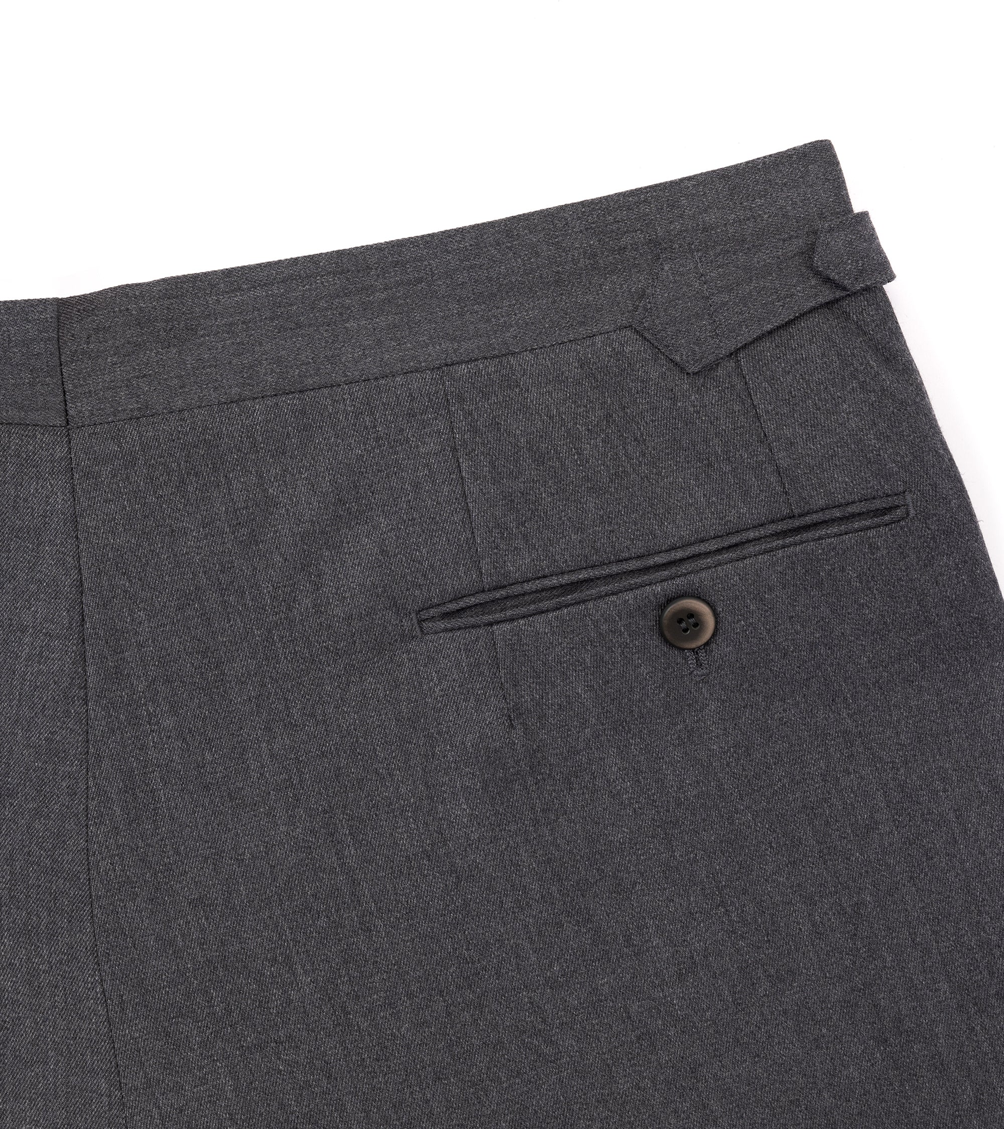 Echizenya for Trunk wool serge pleated trousers in grey, fabric detail.
