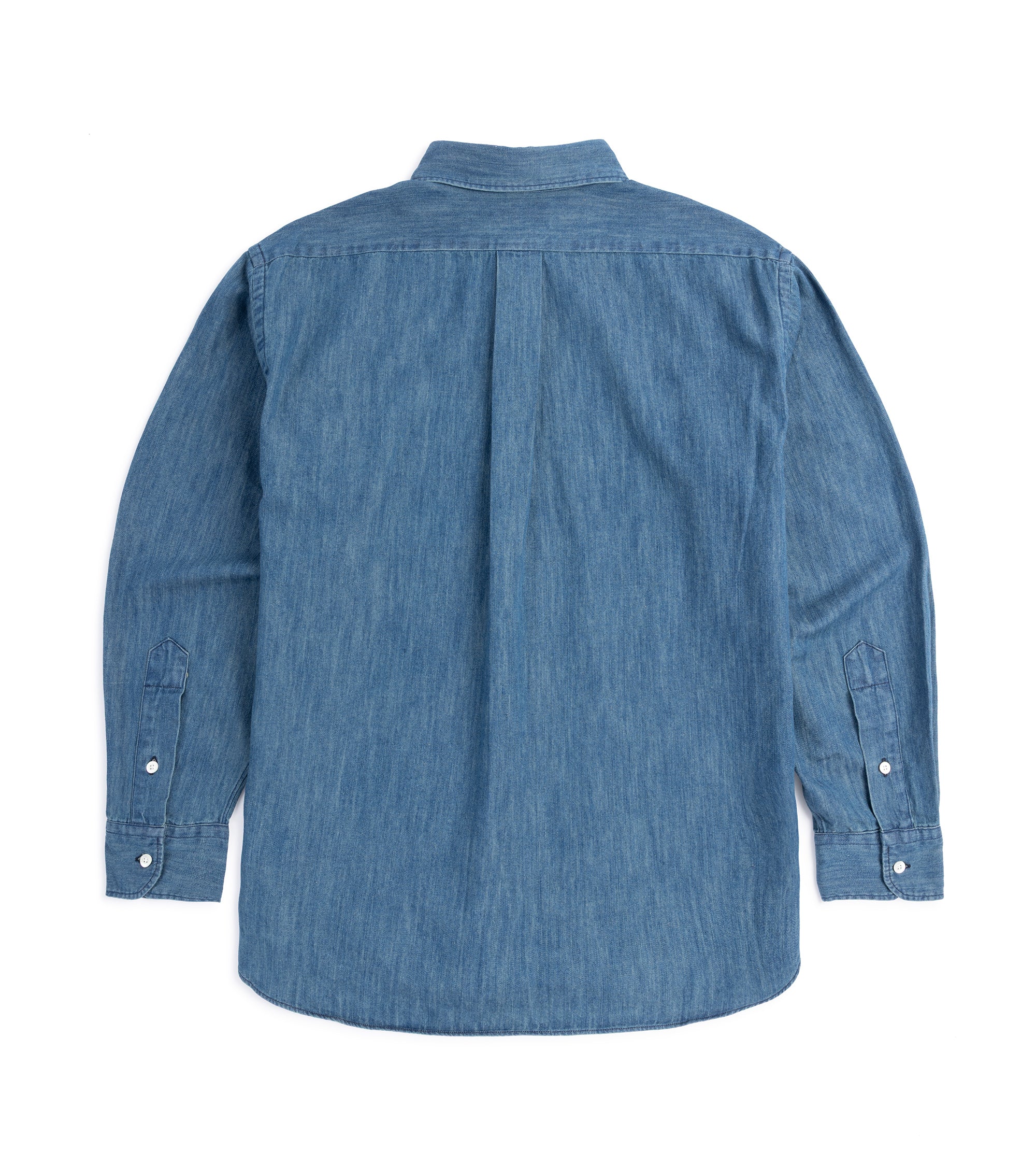 Manual Alphabet button-down shirt in navy 6oz Japanese denim, close-up of the collar and button placket.
