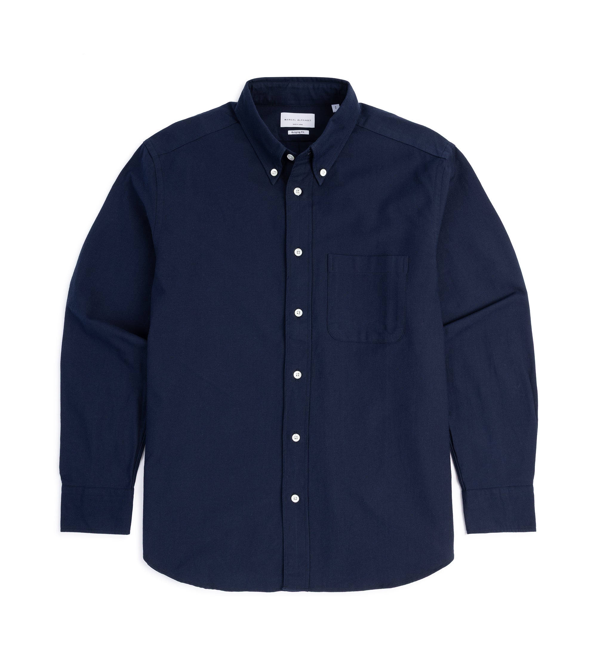 Manual Alphabet button-down shirt in dark navy Supima cotton Oxford, front view.