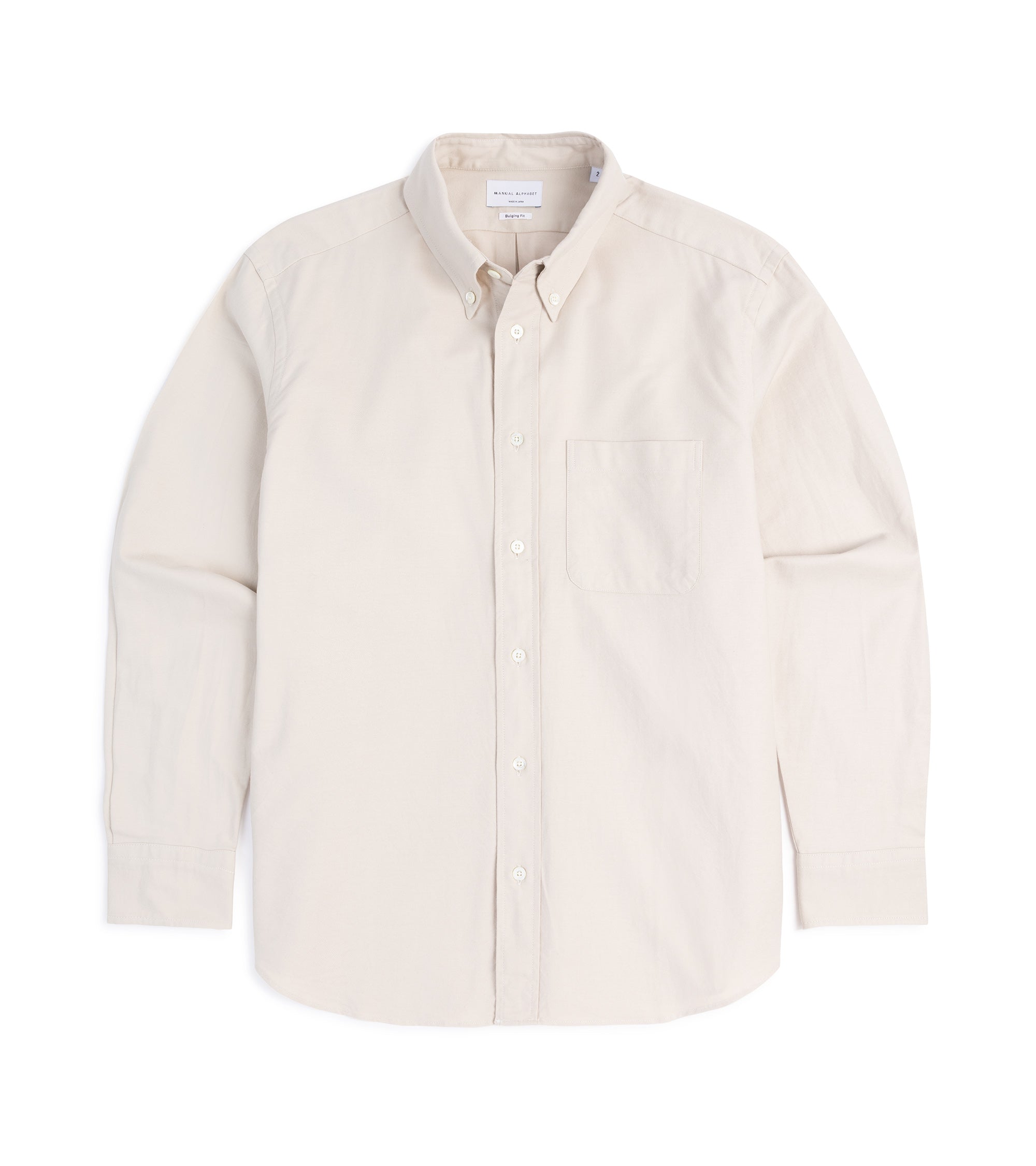 Manual Alphabet button-down shirt in ivory Supima cotton Oxford, front view.