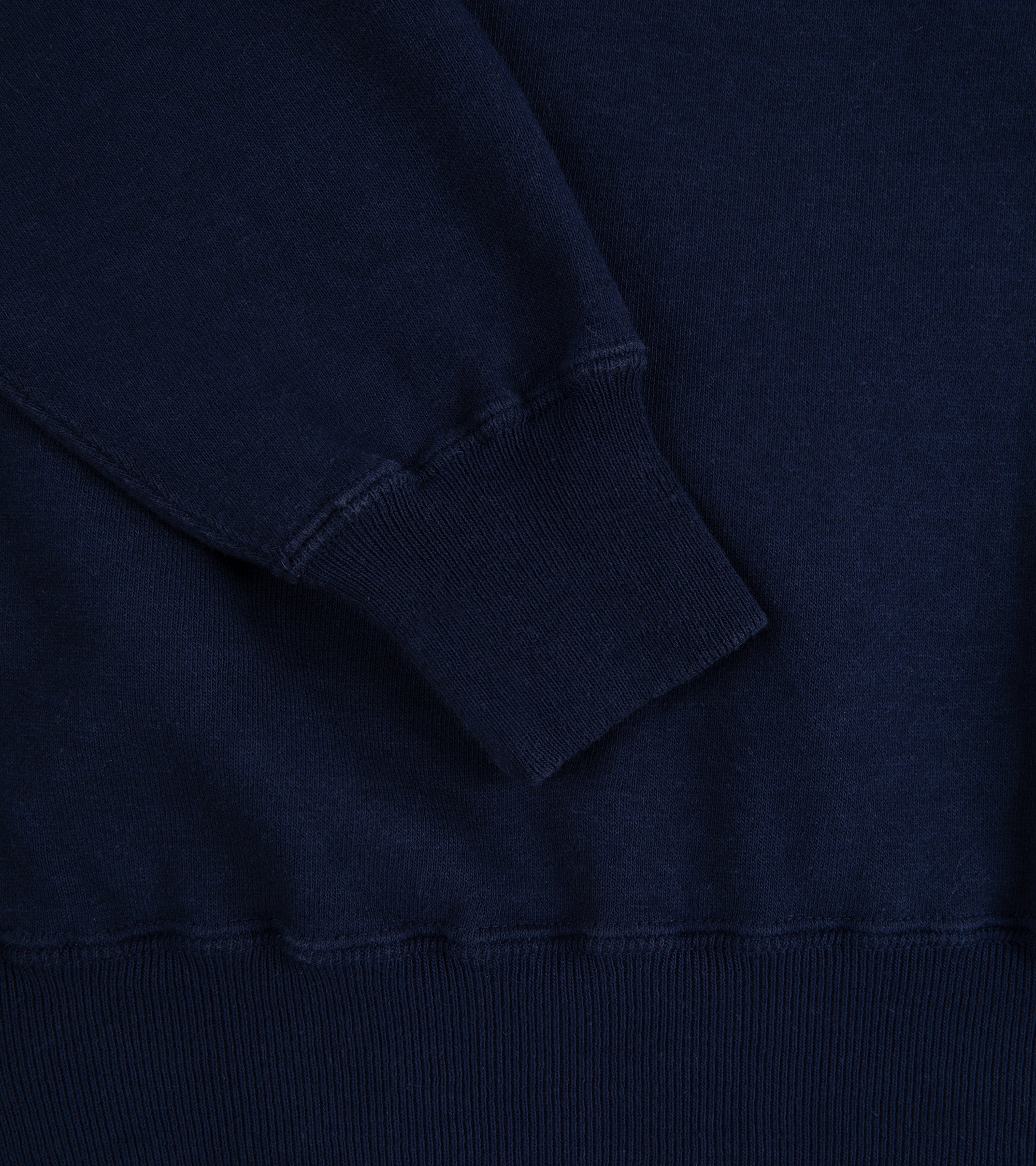 Sunray Sportswear Puamana raglan cotton sweatshirt in dark navy, close-up of the neckline.