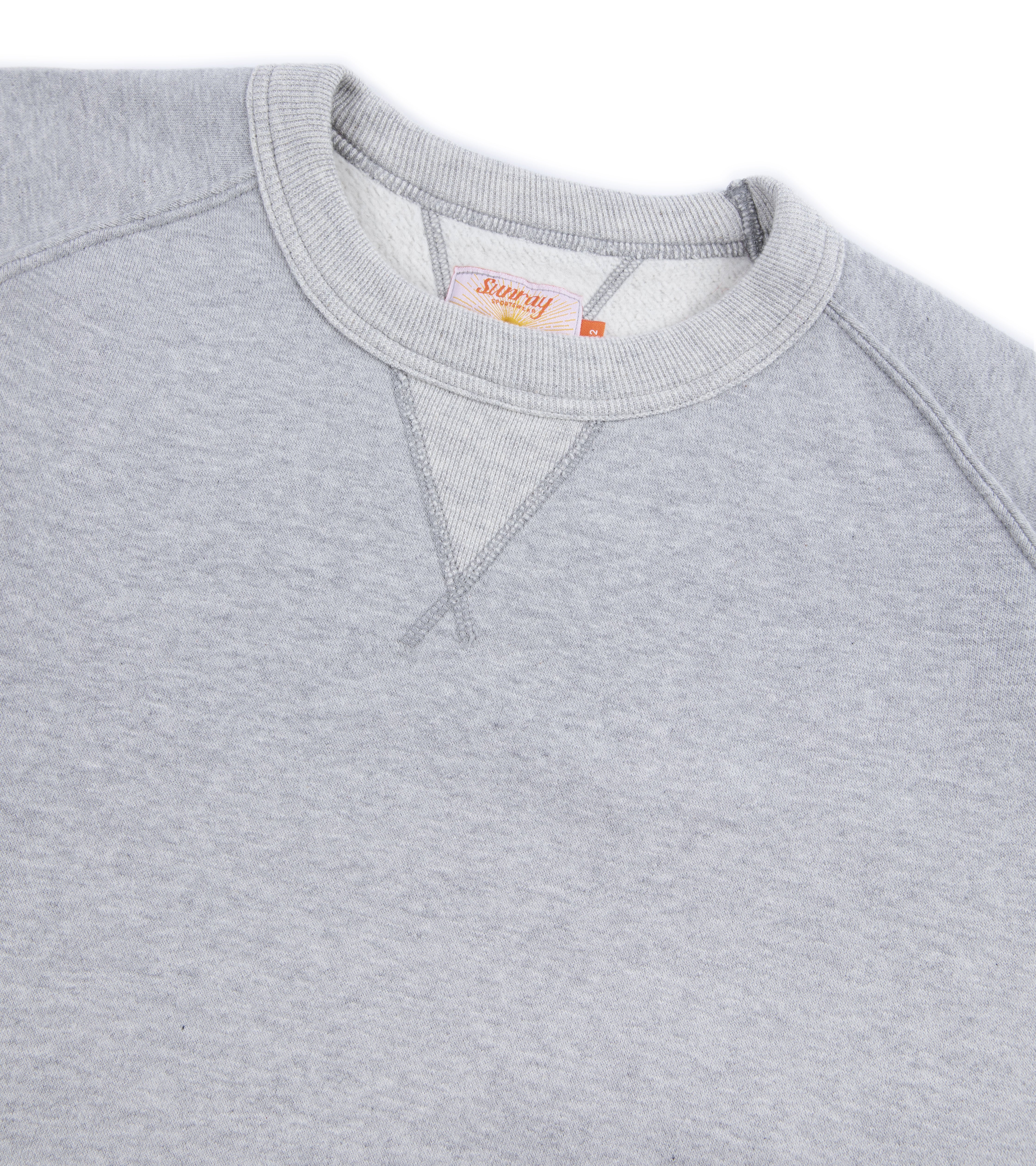Close-up of a gray sweatshirt's neckline and chest area.