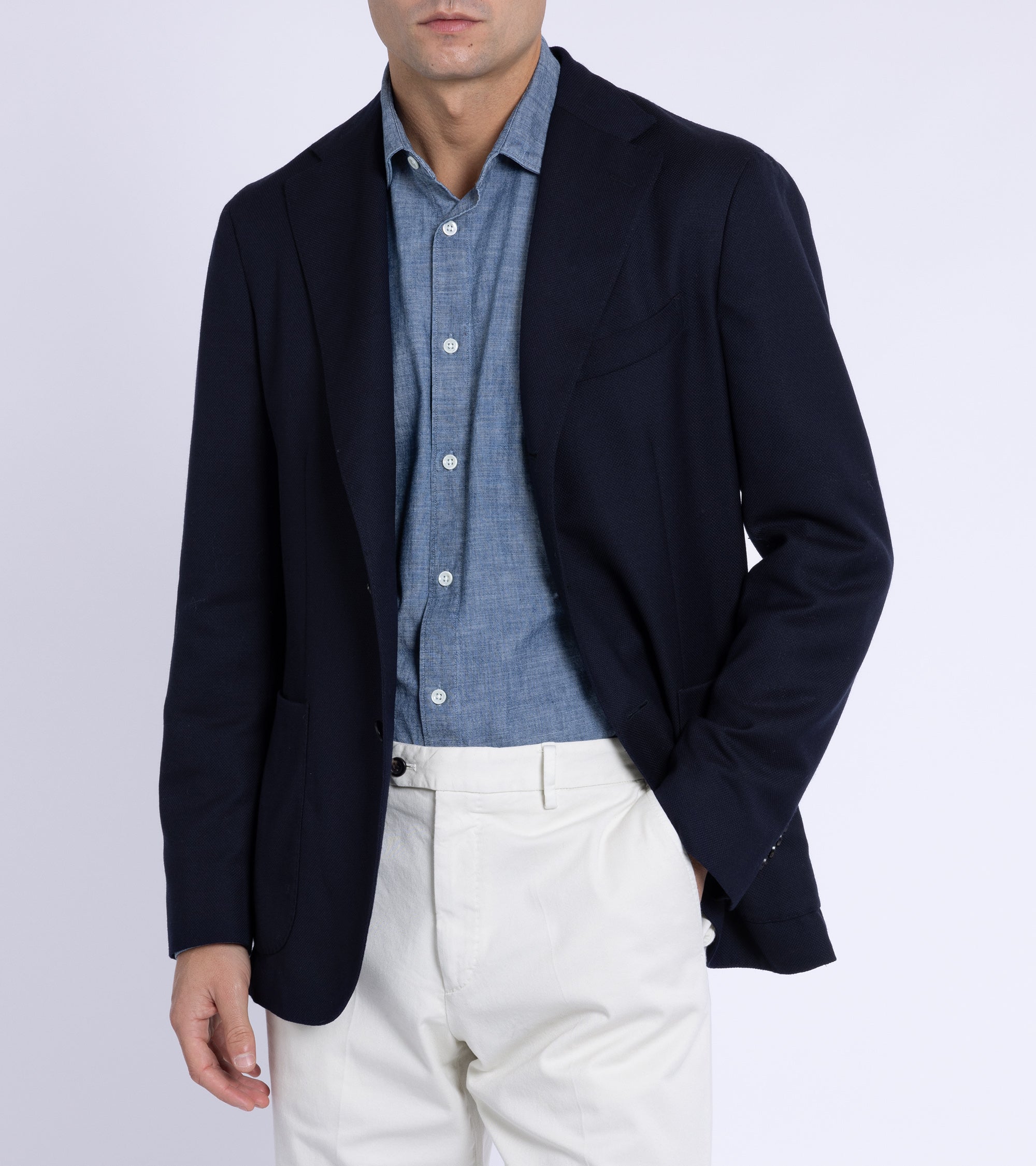 Boglioli for Trunk wool hopsack K jacket in navy, styled shot.