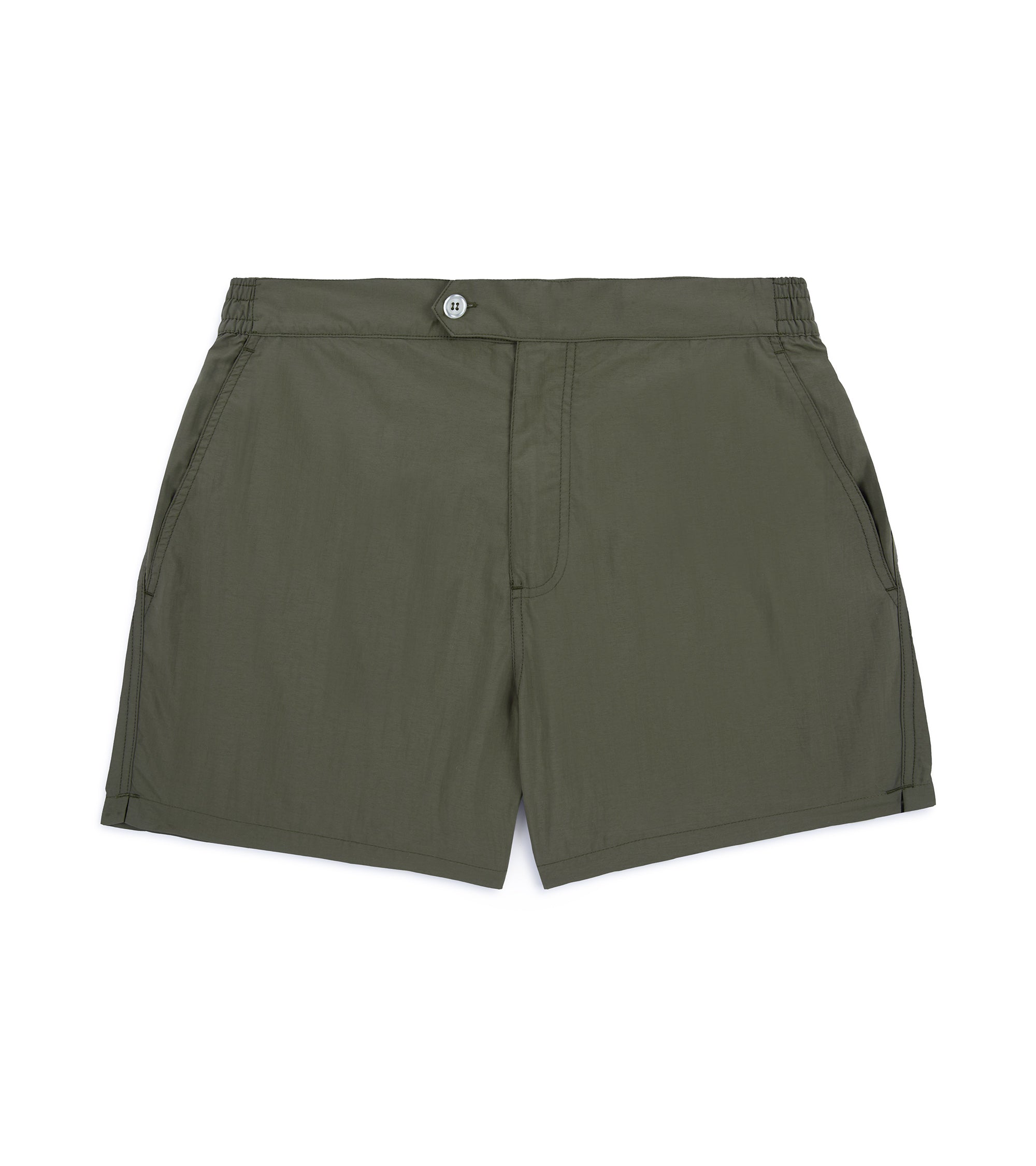 Trunk Foley swim shorts in olive, front view.
