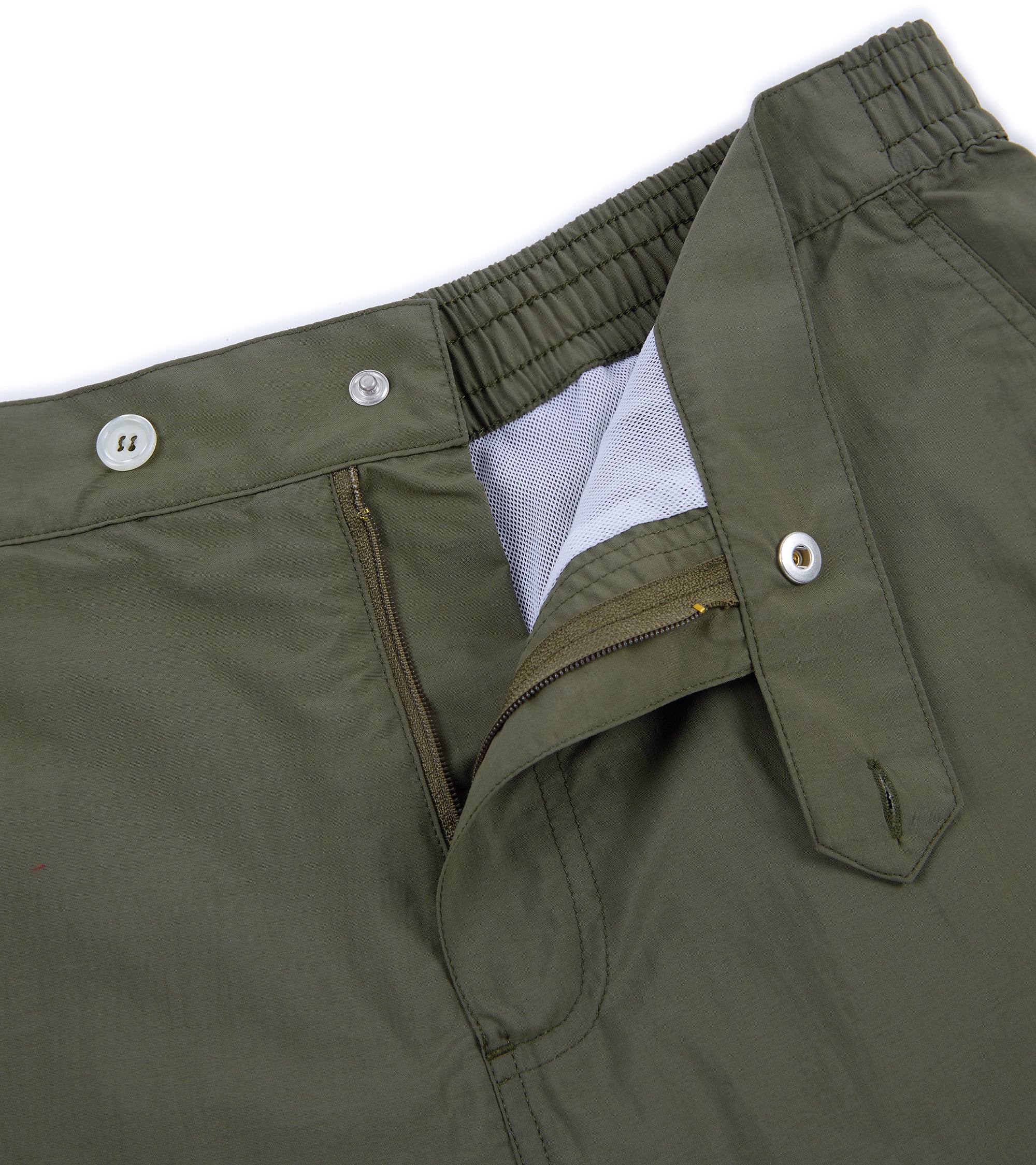 Trunk Foley swim shorts in olive, back view.