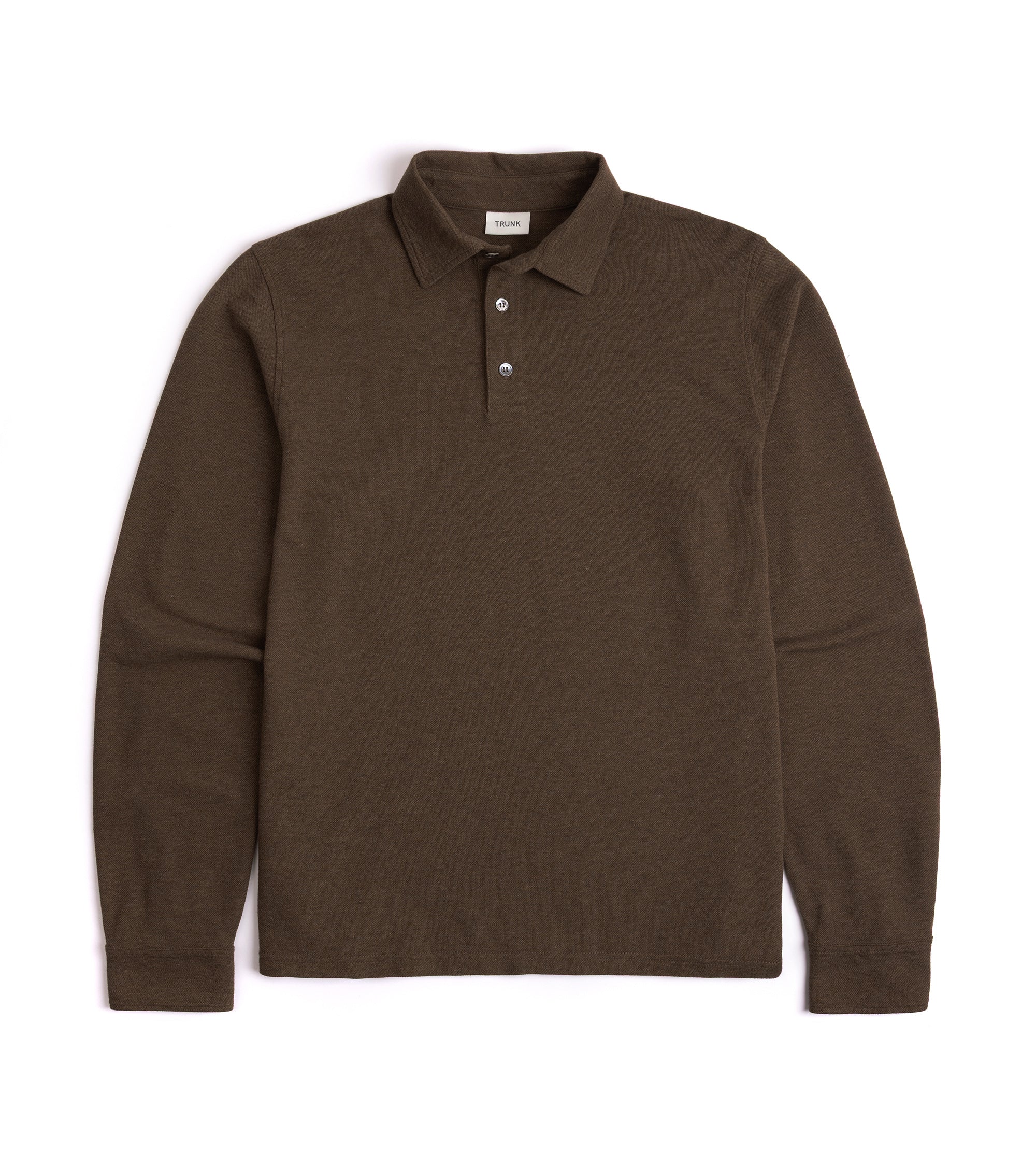 Trunk Moxon long sleeve polo shirt in brown marl, front view.