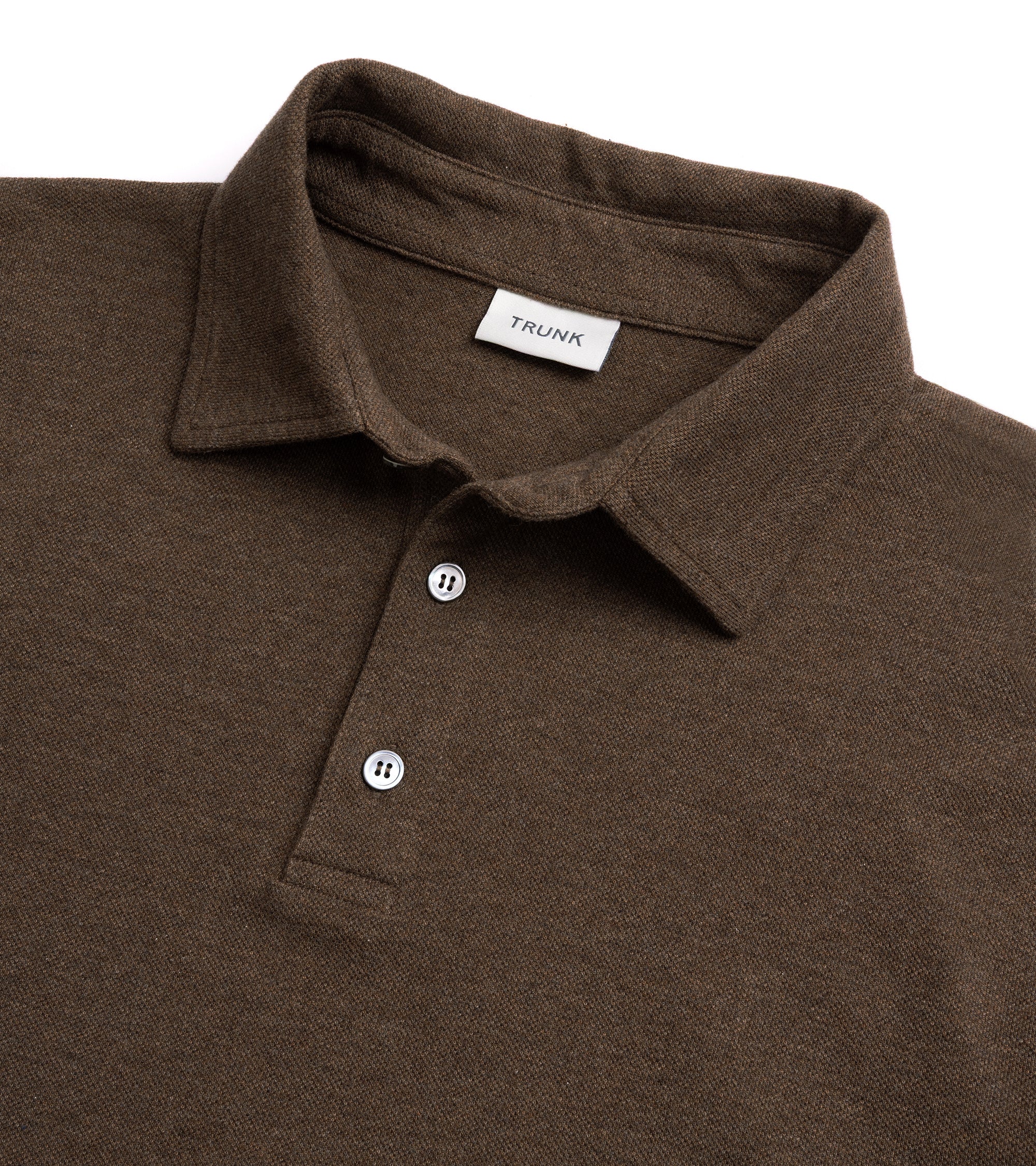 Trunk Moxon long sleeve polo shirt in brown marl, back view.