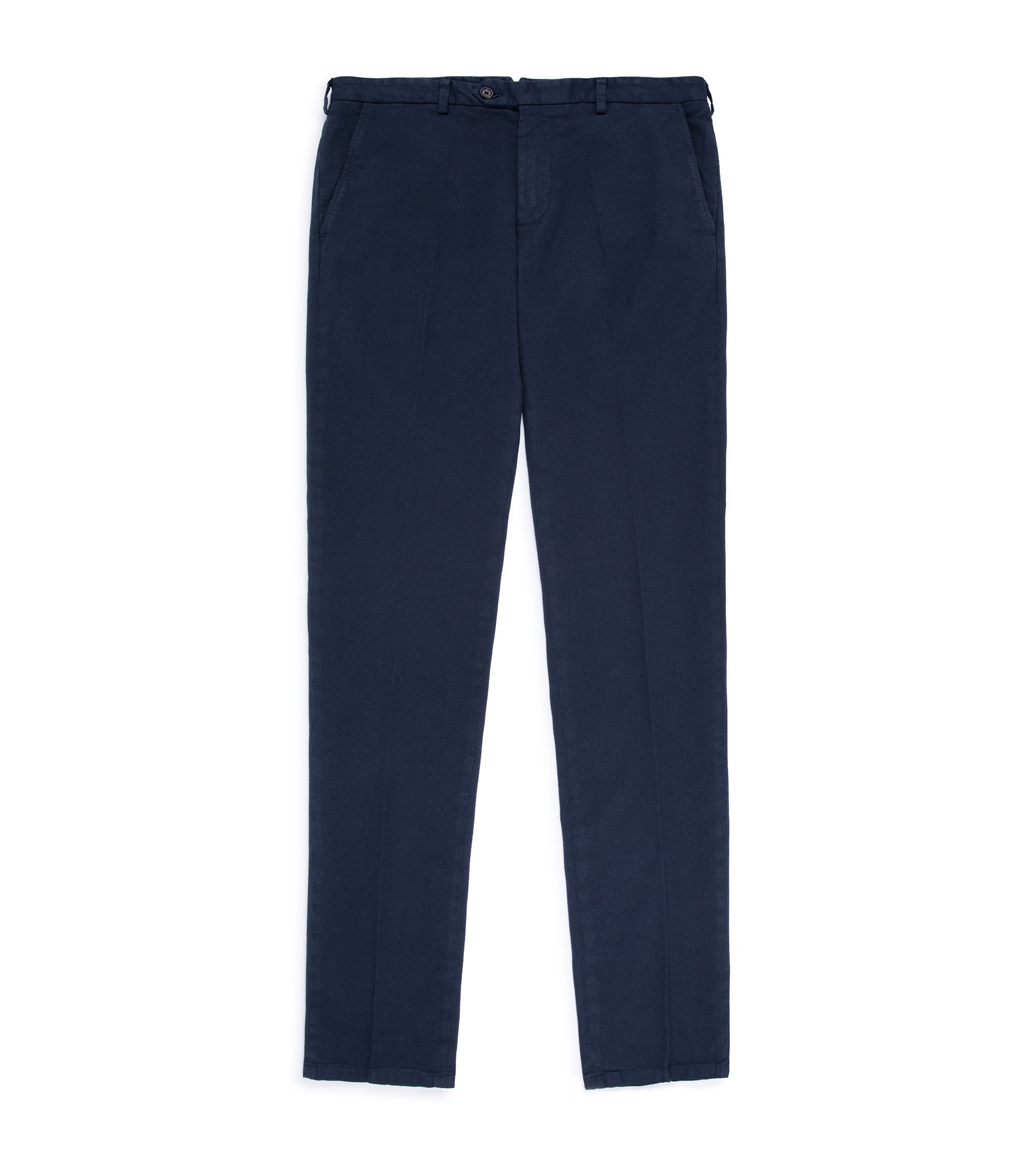 Trunk Palmer flat front trousers in light navy, front view.