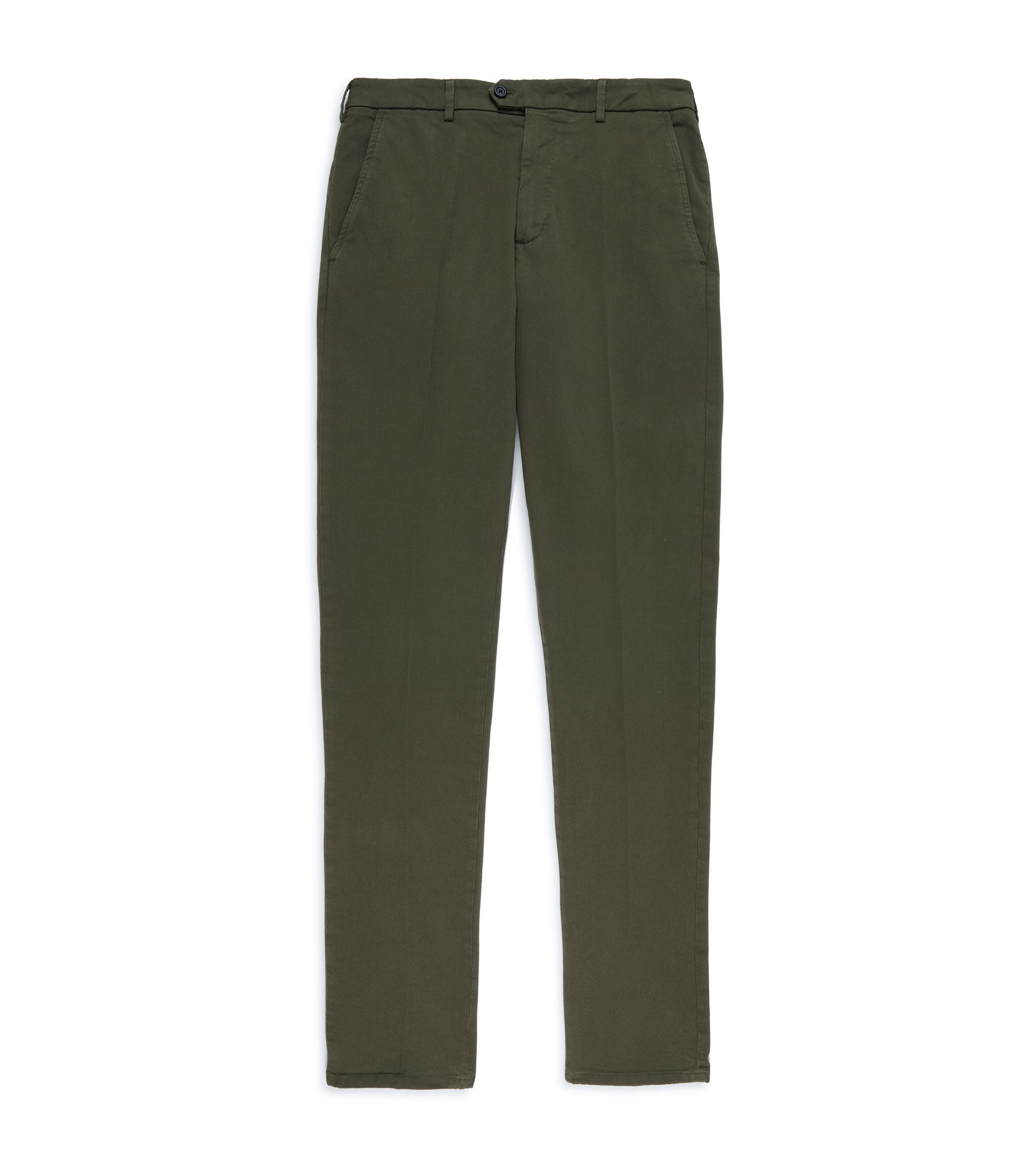 Trunk Palmer flat front trousers in olive, front view.