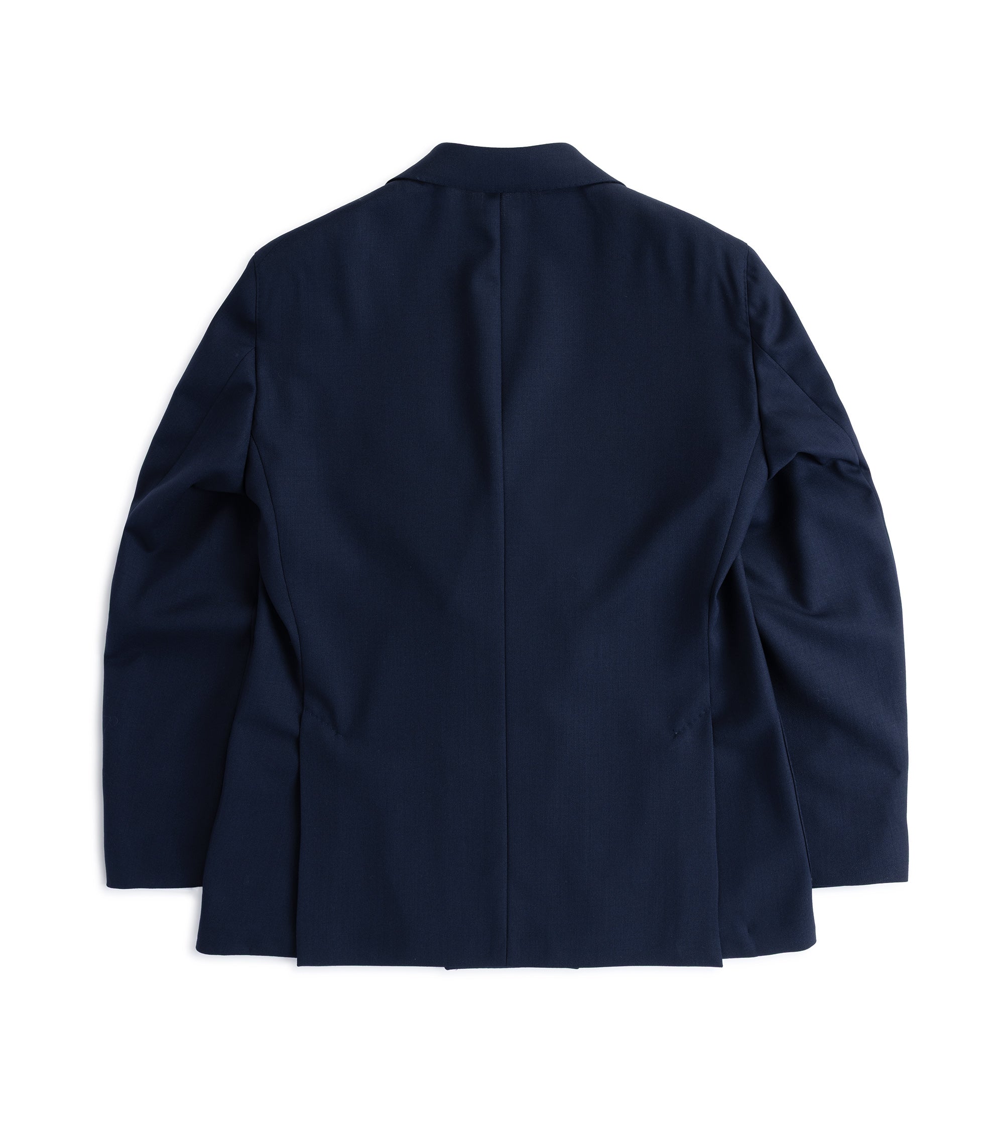 Trunk Webb double breasted jacket in navy tropical wool, back view.