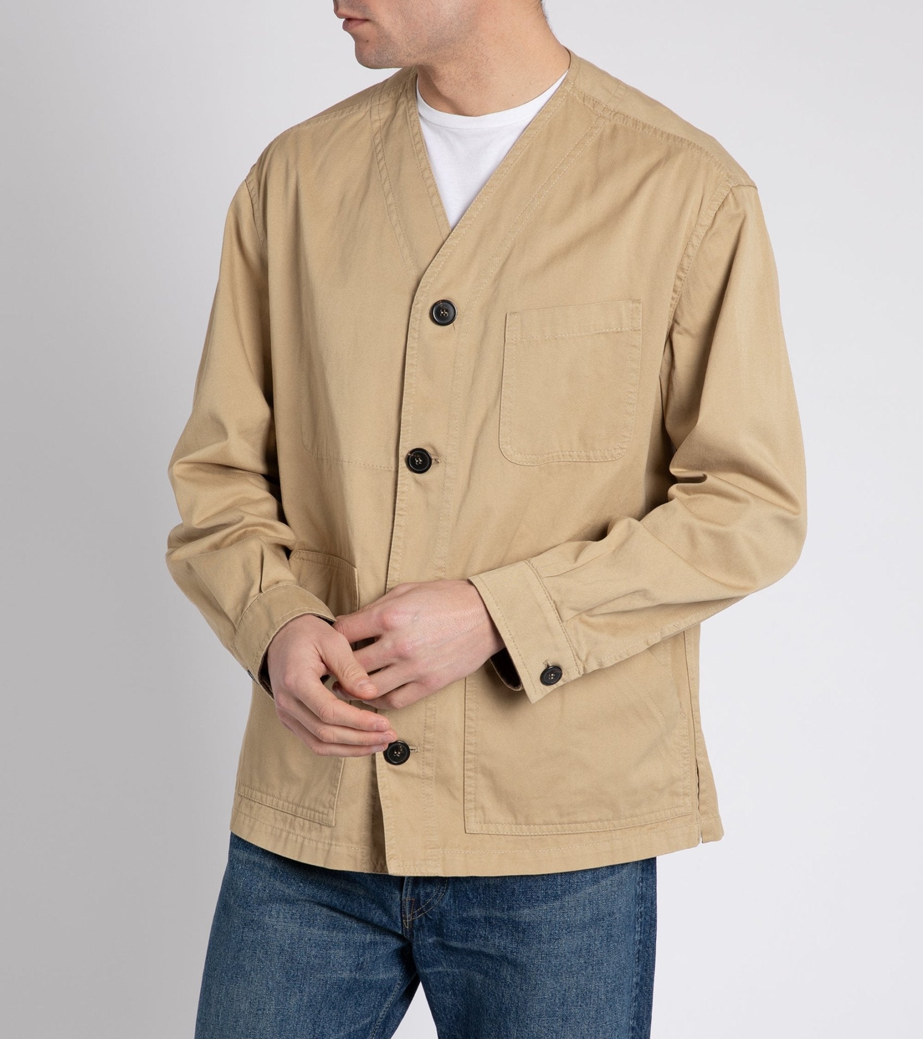 Rovi Lucca Collarless Cotton Drill Garden Jacket: Beige - Trunk Clothiers