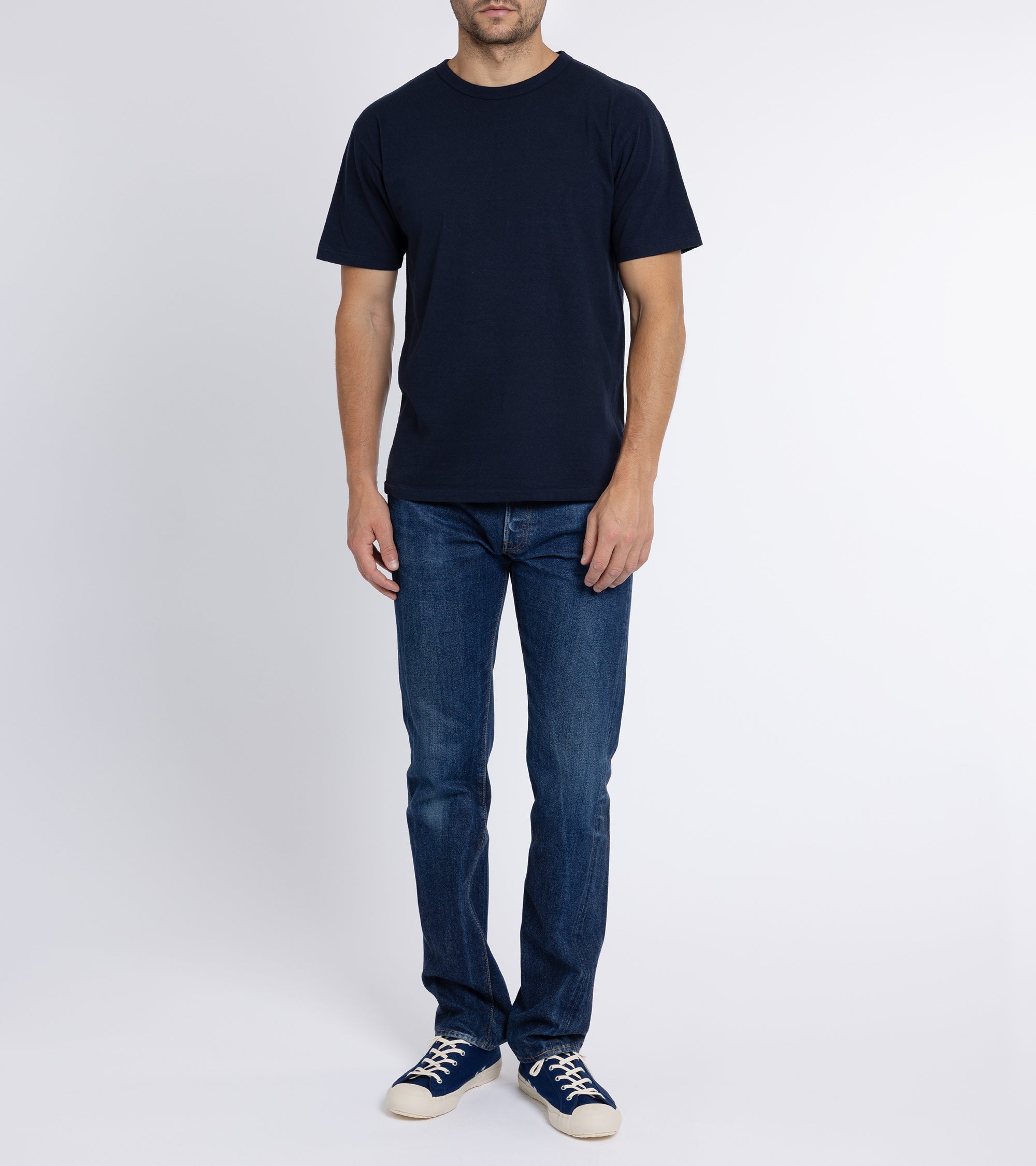 Sunray Sportswear Haleiwa short sleeve cotton t-shirt in dark navy, styled shot.