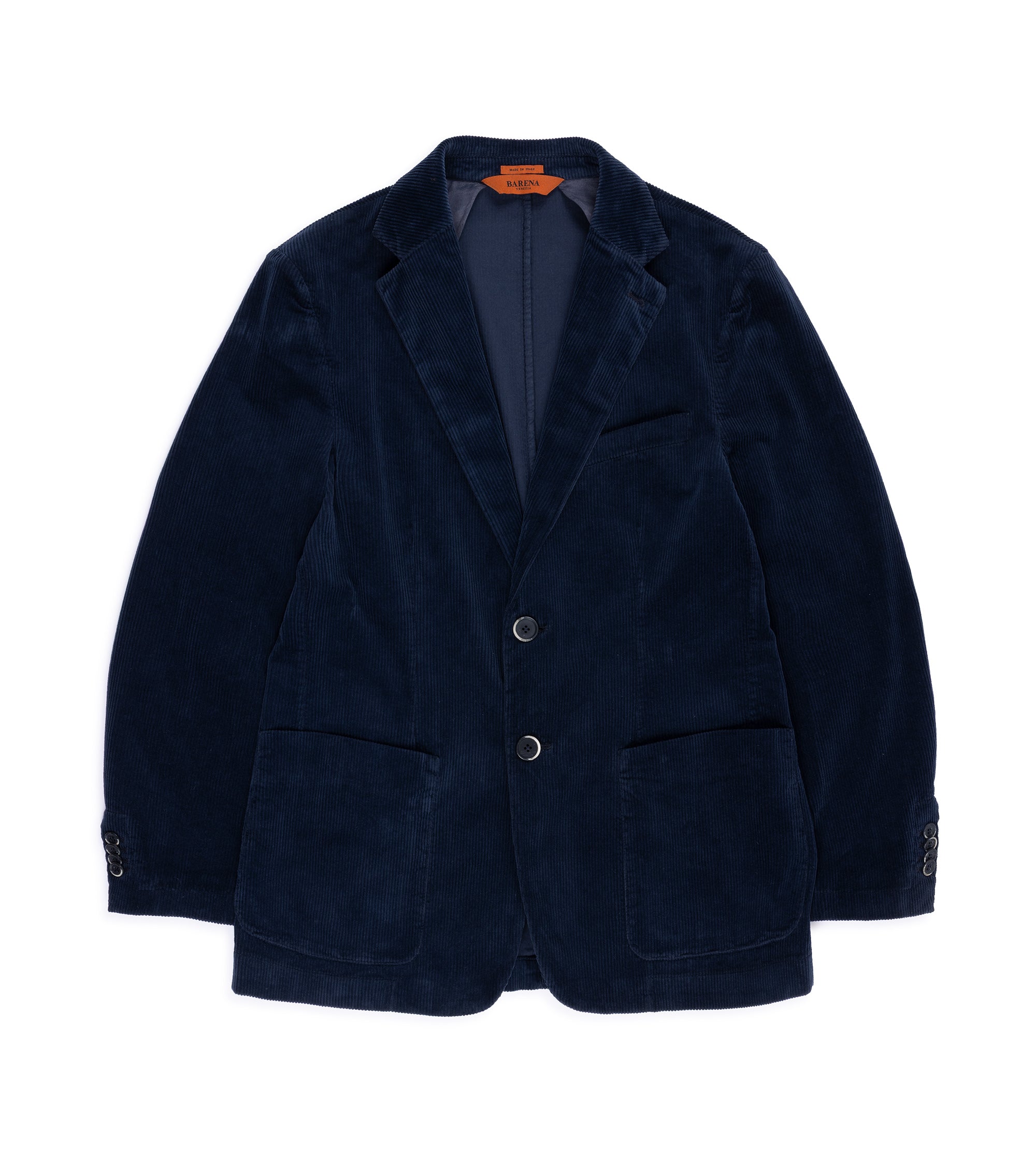 Barena corduroy blazer jacket in navy with notch lapels, a two-button front closure, and two large front patch pockets.