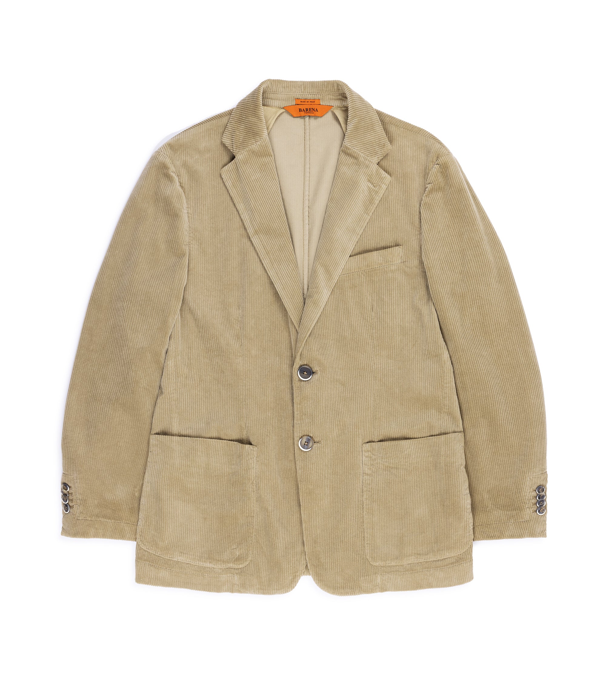 Barena Borgo Cortivo cotton corduroy blazer jacket in putty with notch lapels, a two-button front closure, and two large front patch pockets.