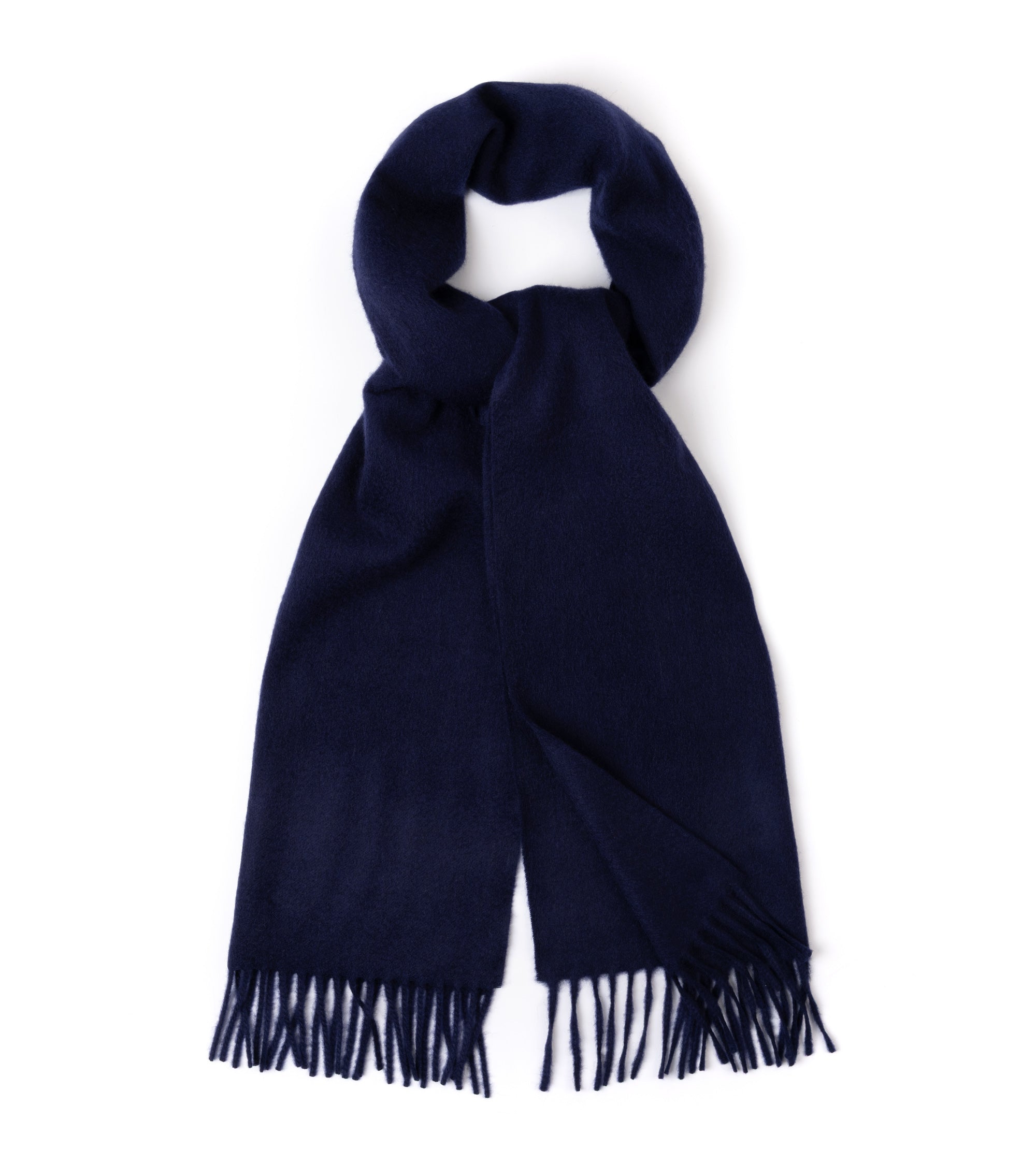 Navy blue scarf with fringes on a white background