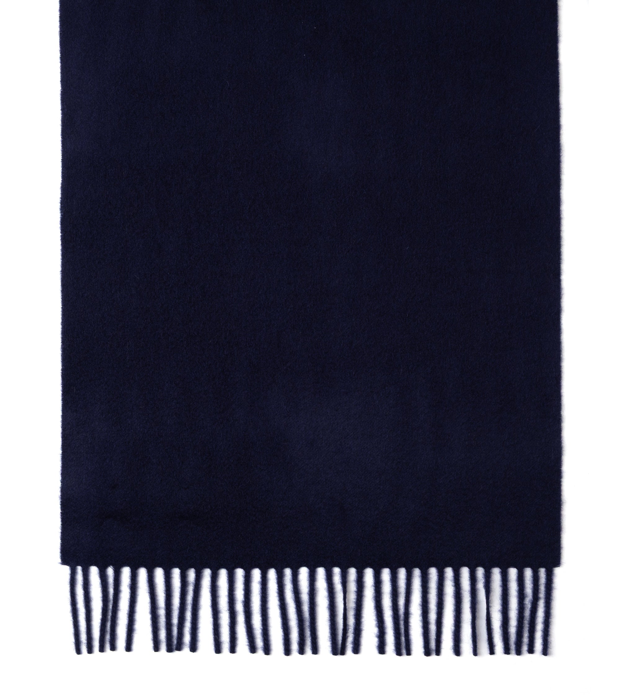 A dark navy blue scarf with fringed edges, shown flat against a plain white background.