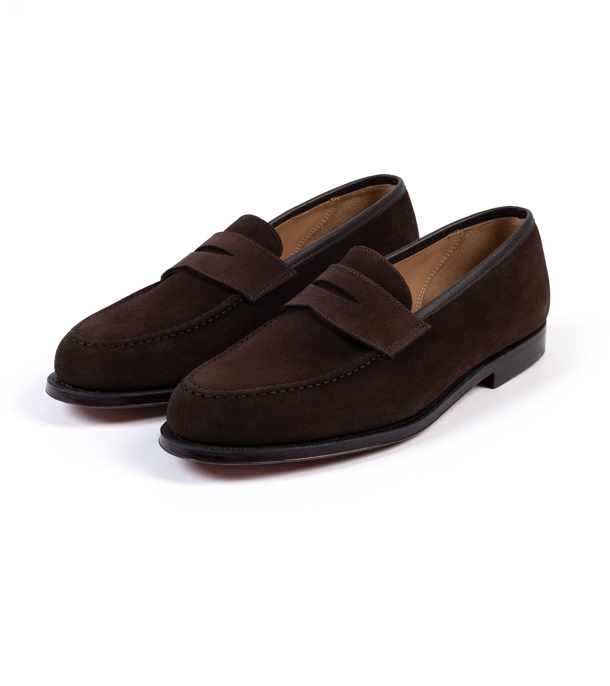 Crockett & Jones Boston loafer in dark brown suede, top view showing the apron.
