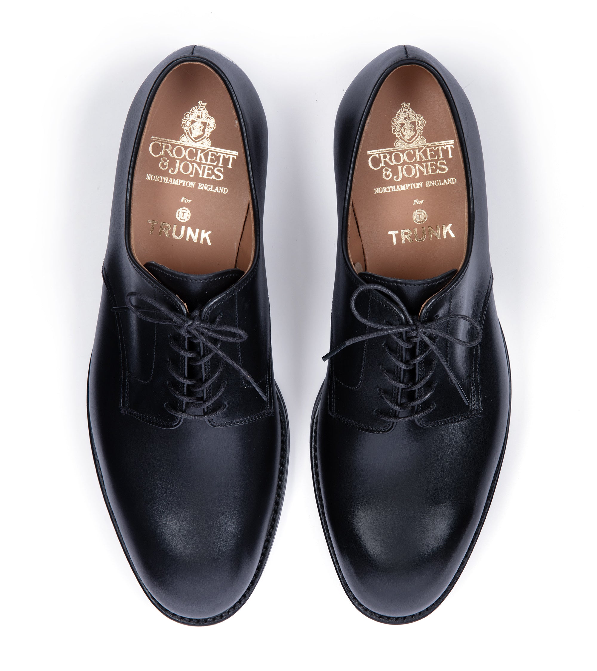 Crockett & Jones for Trunk Cornell II Derby shoe in black leather, styled shot.