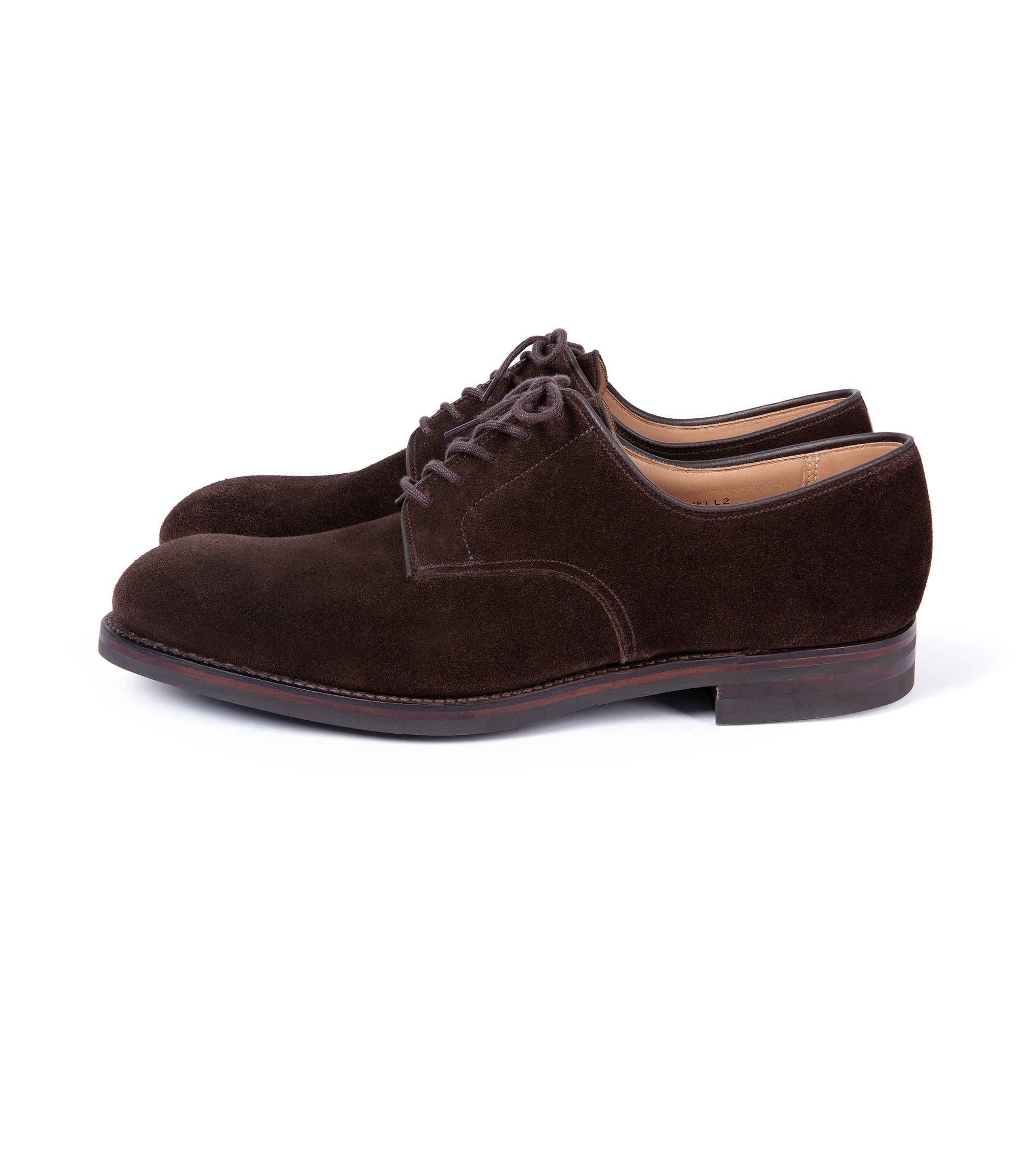 Crockett & Jones for Trunk Cornell II Derby shoe in brown suede, side view.