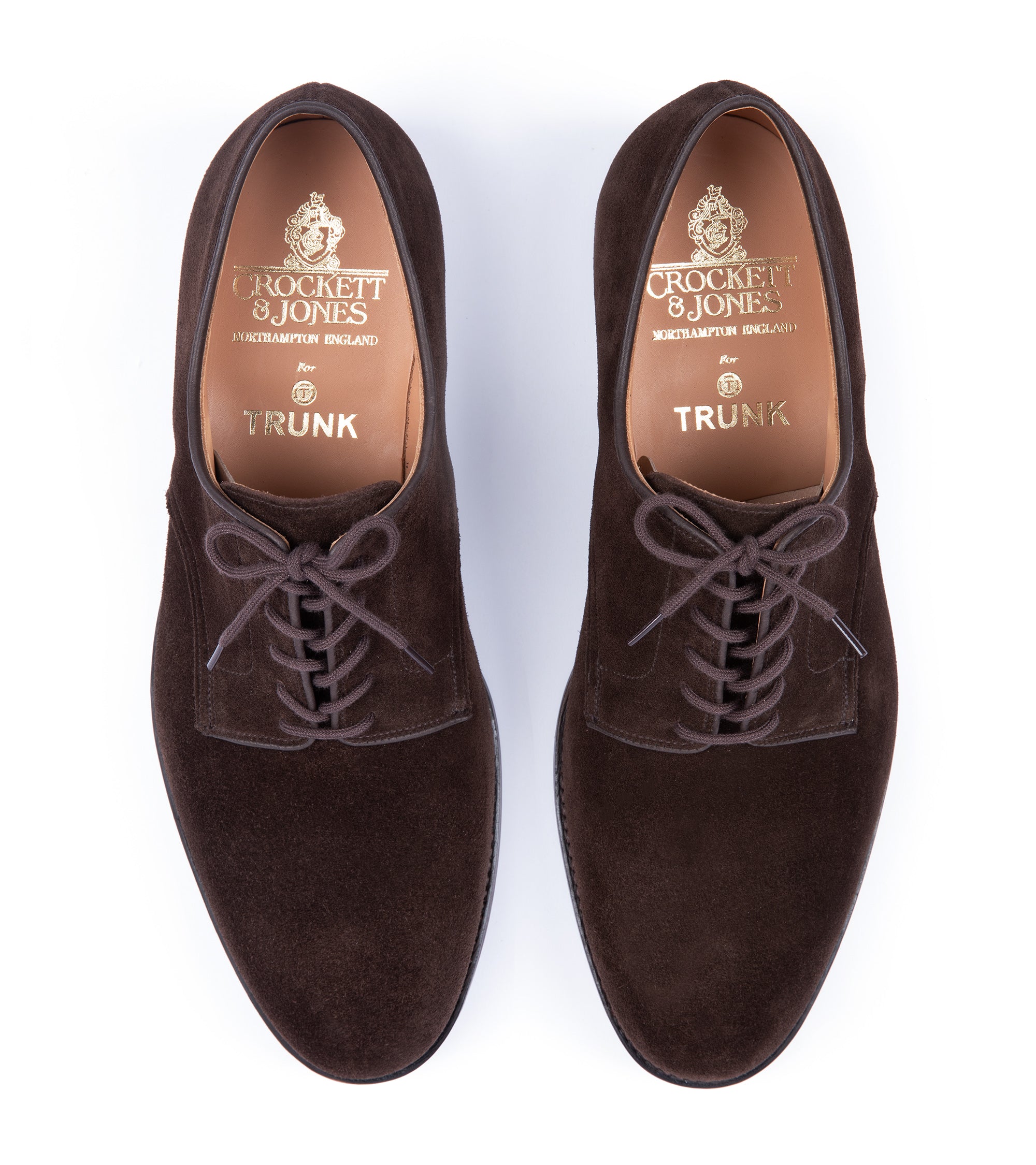 Crockett & Jones for Trunk Cornell II Derby shoe in brown suede, styled shot.
