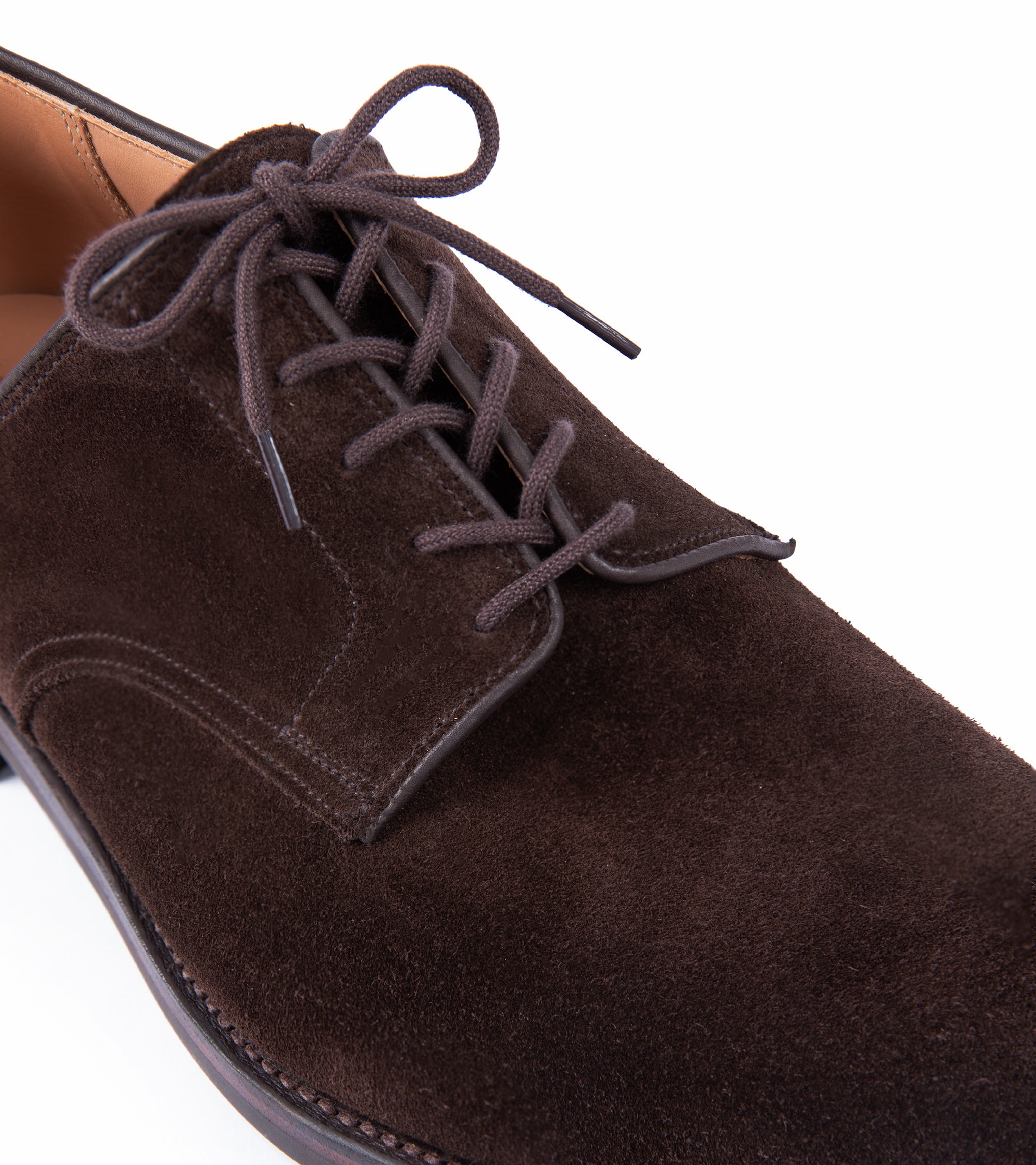Crockett & Jones for Trunk Cornell II Derby shoe in brown suede, top view.