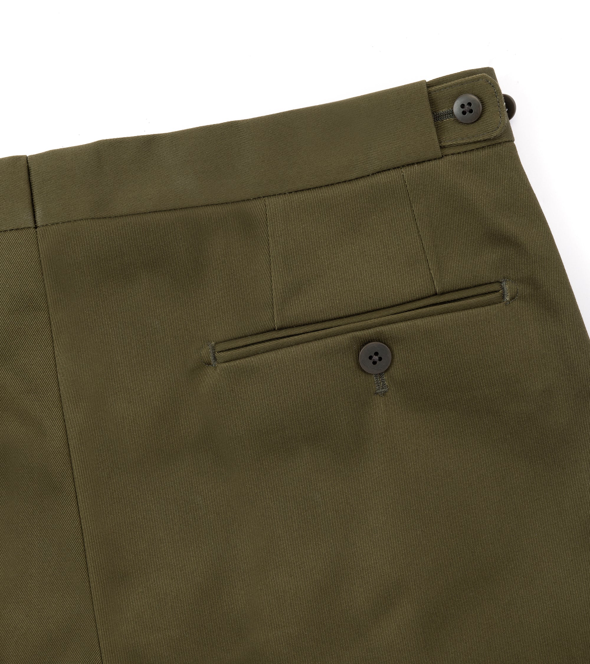Echizenya for Trunk heavy chino trousers in olive, fabric detail.
