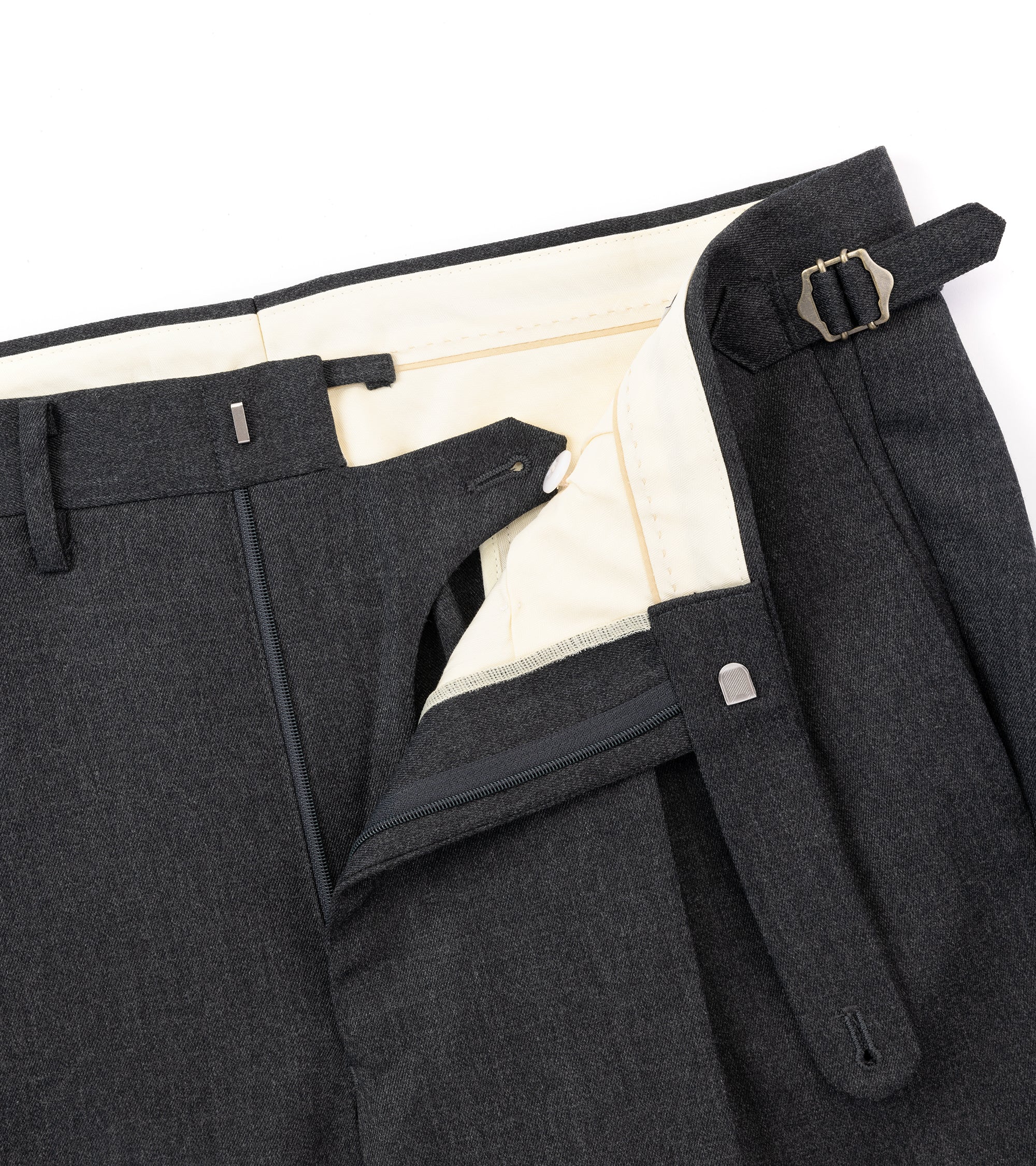 Echizenya for Trunk wool serge pleated trousers in charcoal, back view.
