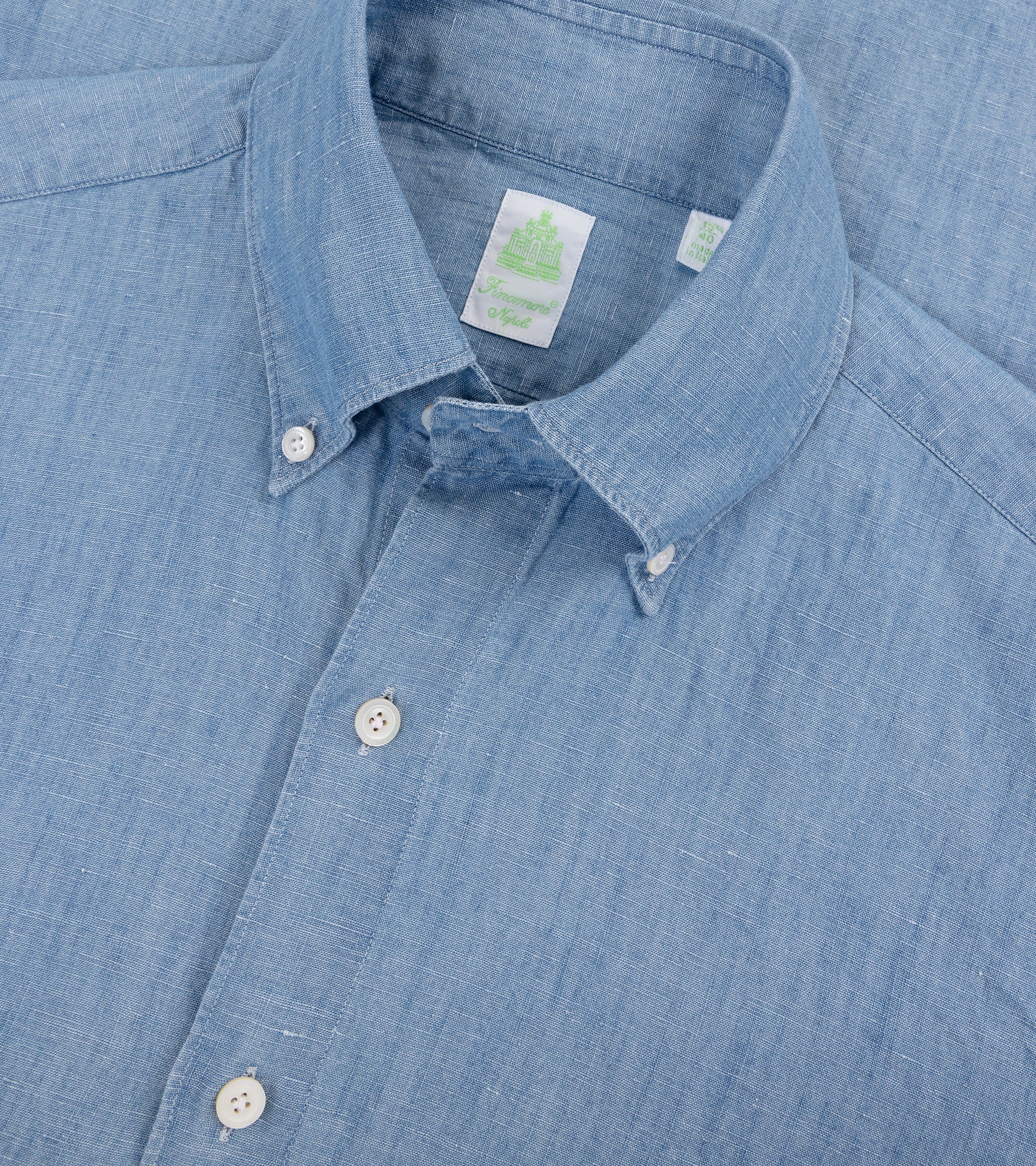 Finamore Gaeta Cotton Linen Denim Button Down Sport Shirt: Light Blue