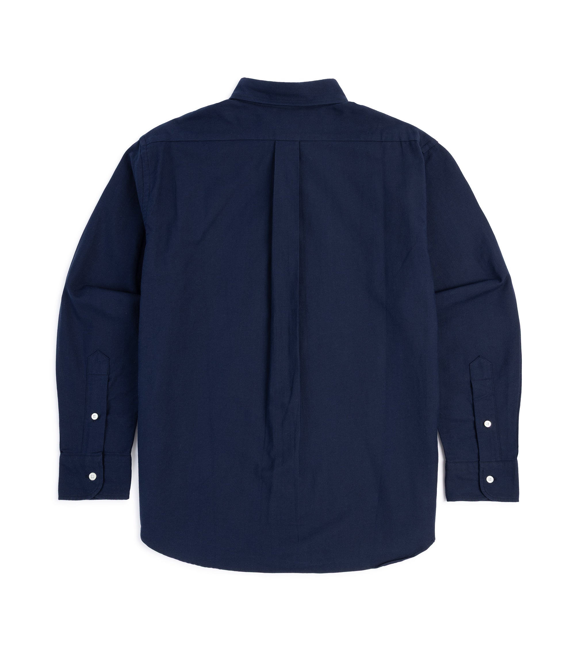 Manual Alphabet button-down shirt in dark navy Supima cotton Oxford, close-up of the collar and button placket.