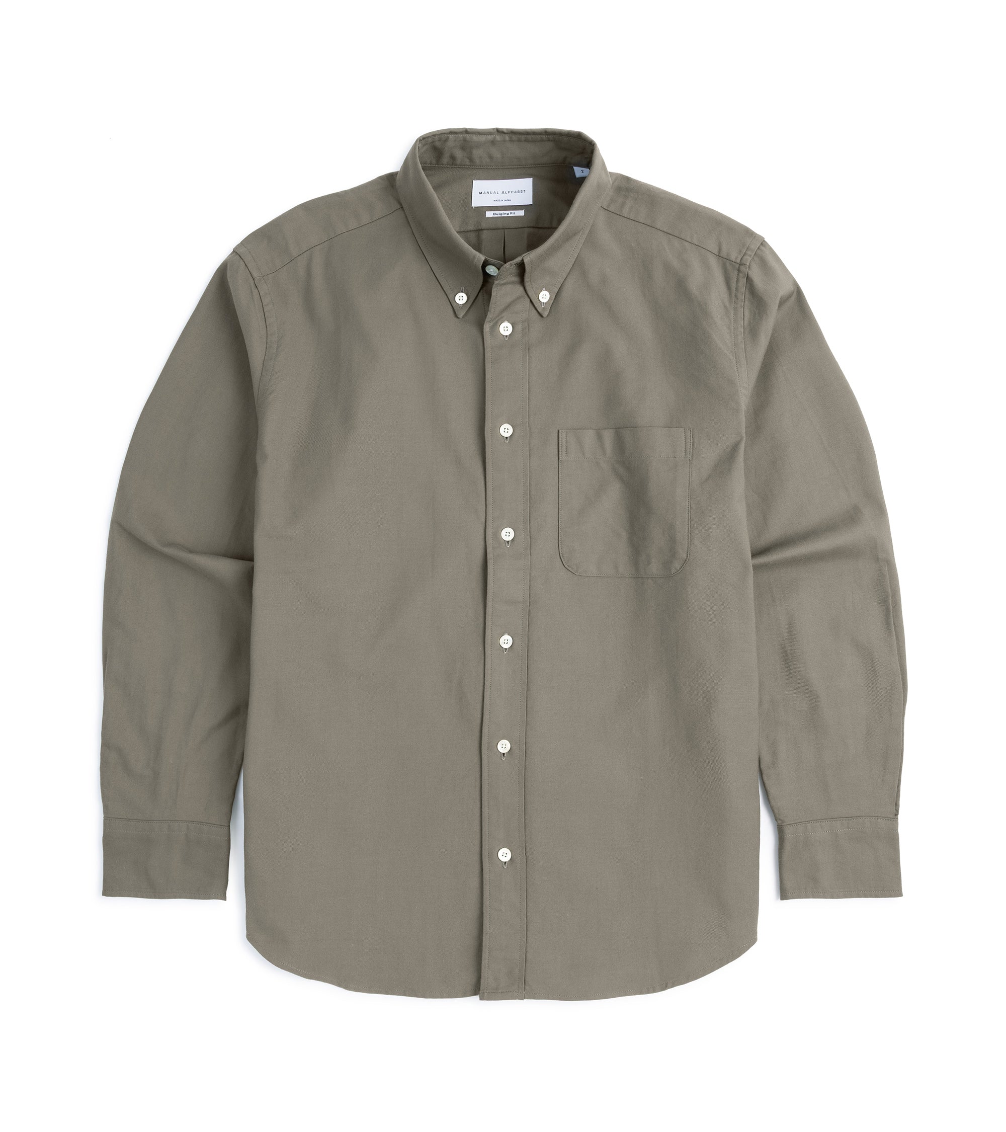 Manual Alphabet button-down shirt in olive Supima cotton Oxford, front view.