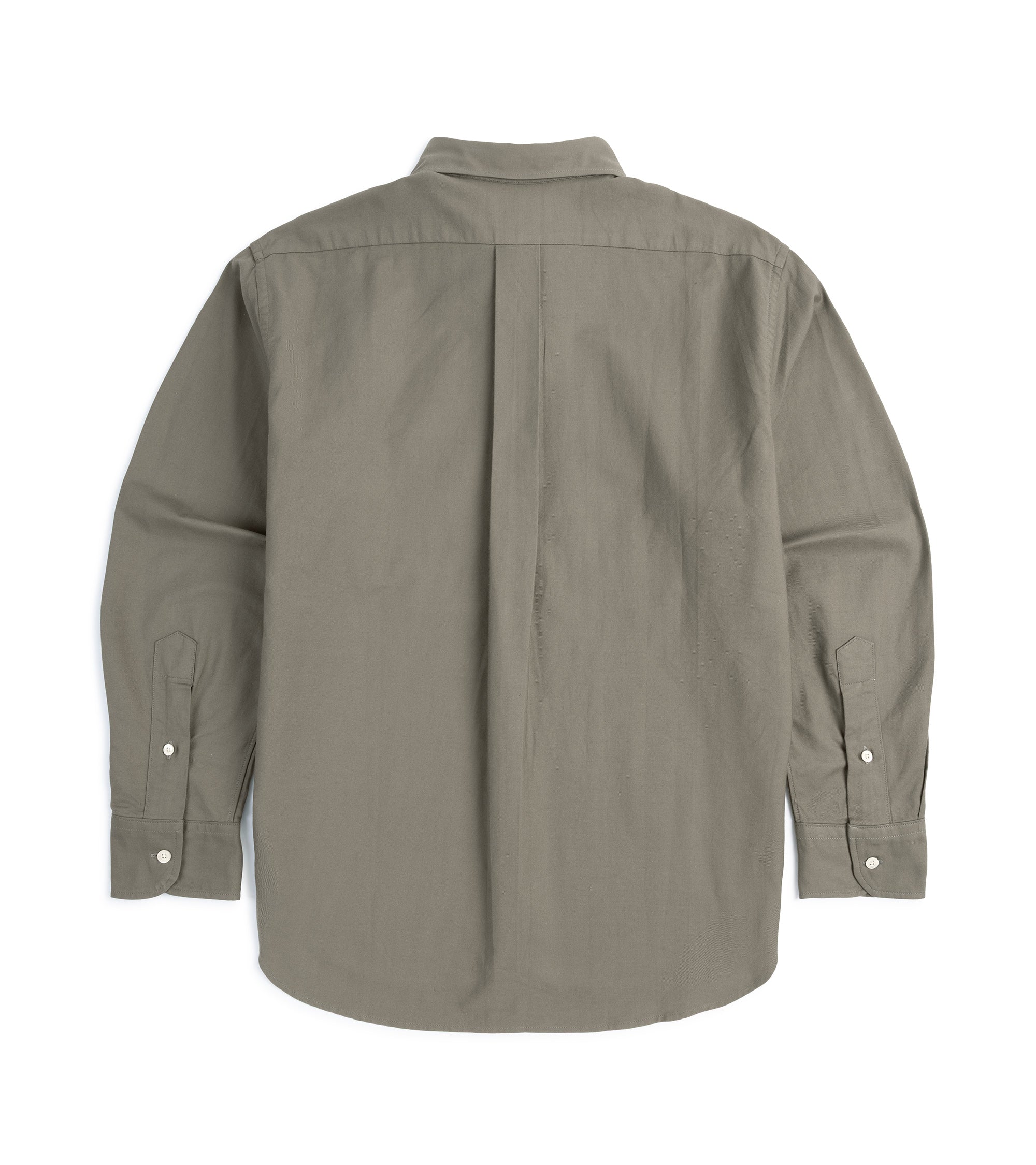 Manual Alphabet button-down shirt in olive Supima cotton Oxford, close-up of the collar and button placket.