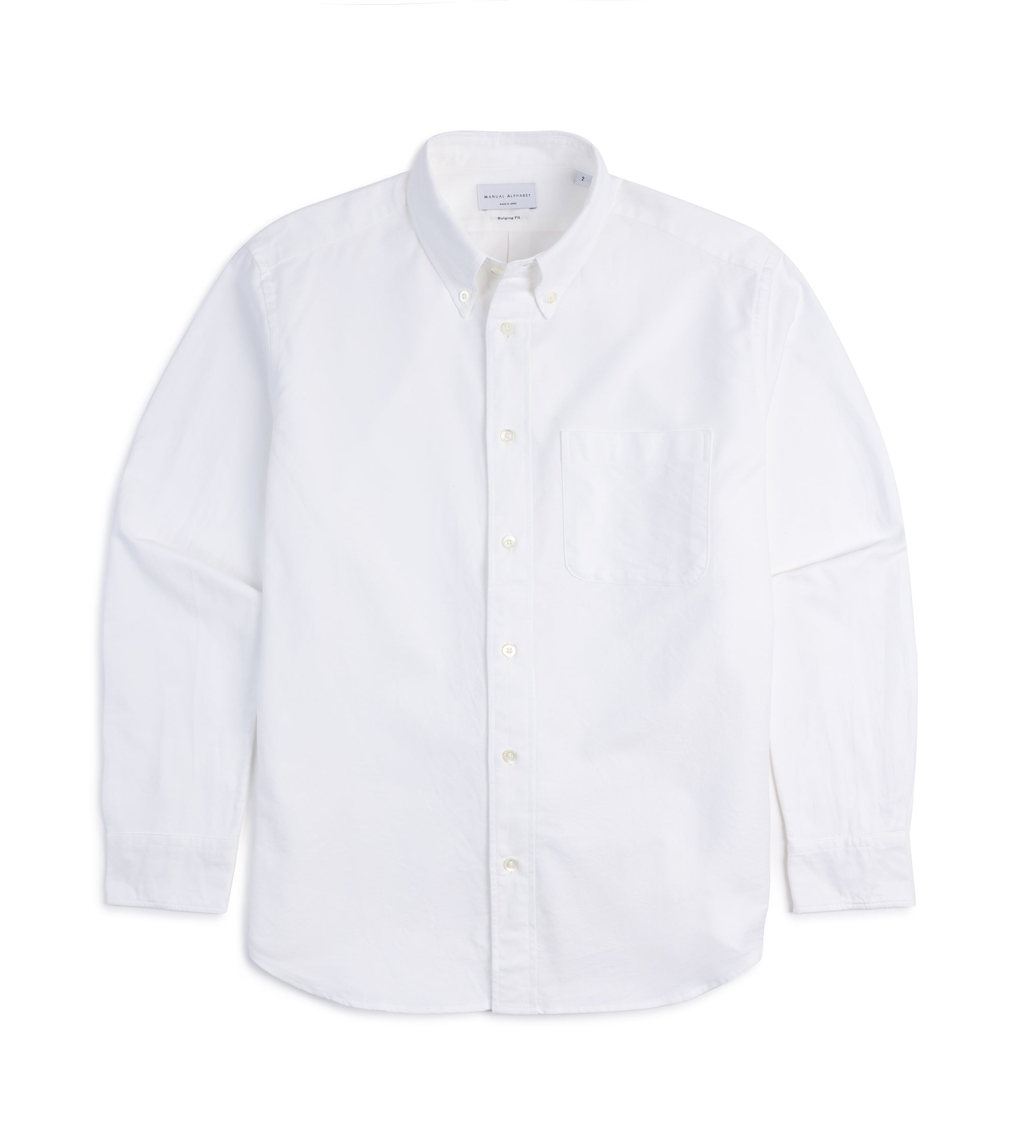 Manual Alphabet button-down shirt in white Supima cotton Oxford, front view.